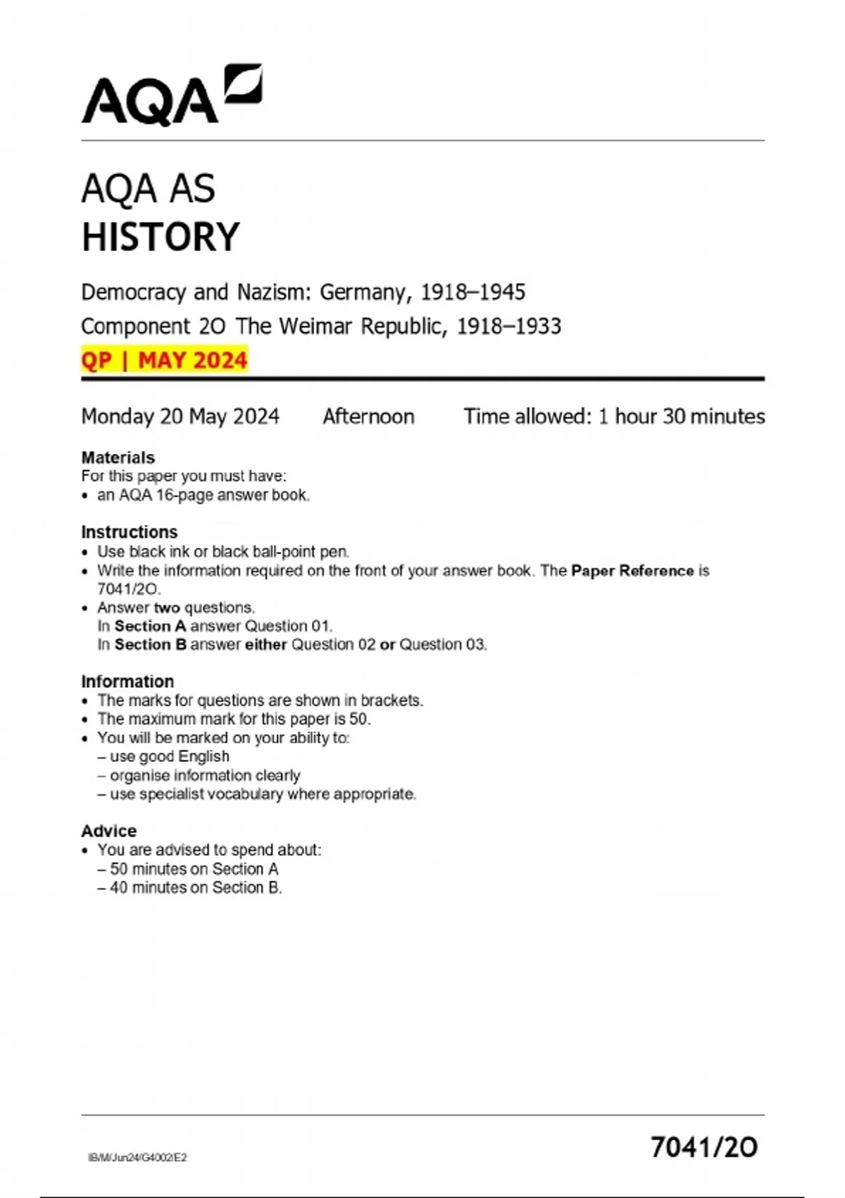 AQA AS HISTORY Democracy and Nazism: Germany, 1918–1945 Component 2O ...