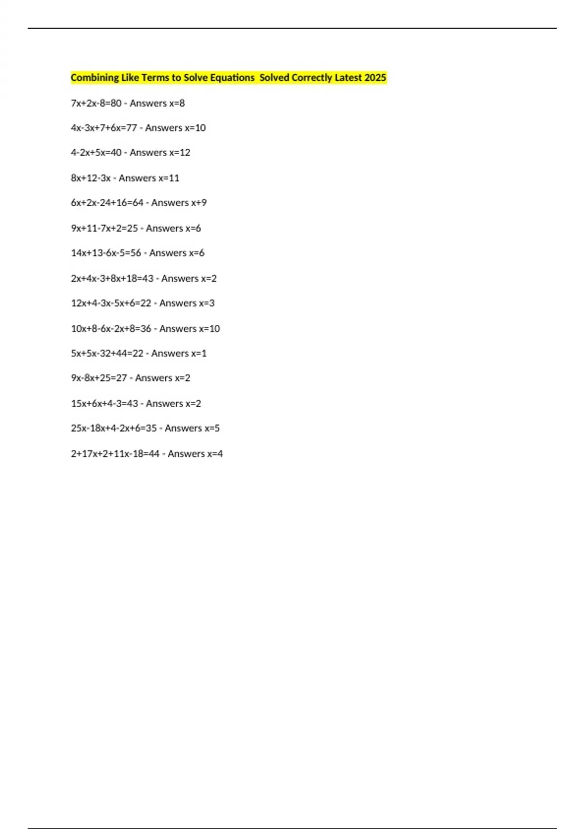 Combining Like Terms to Solve Equations Solved Correctly Latest 2025 ...