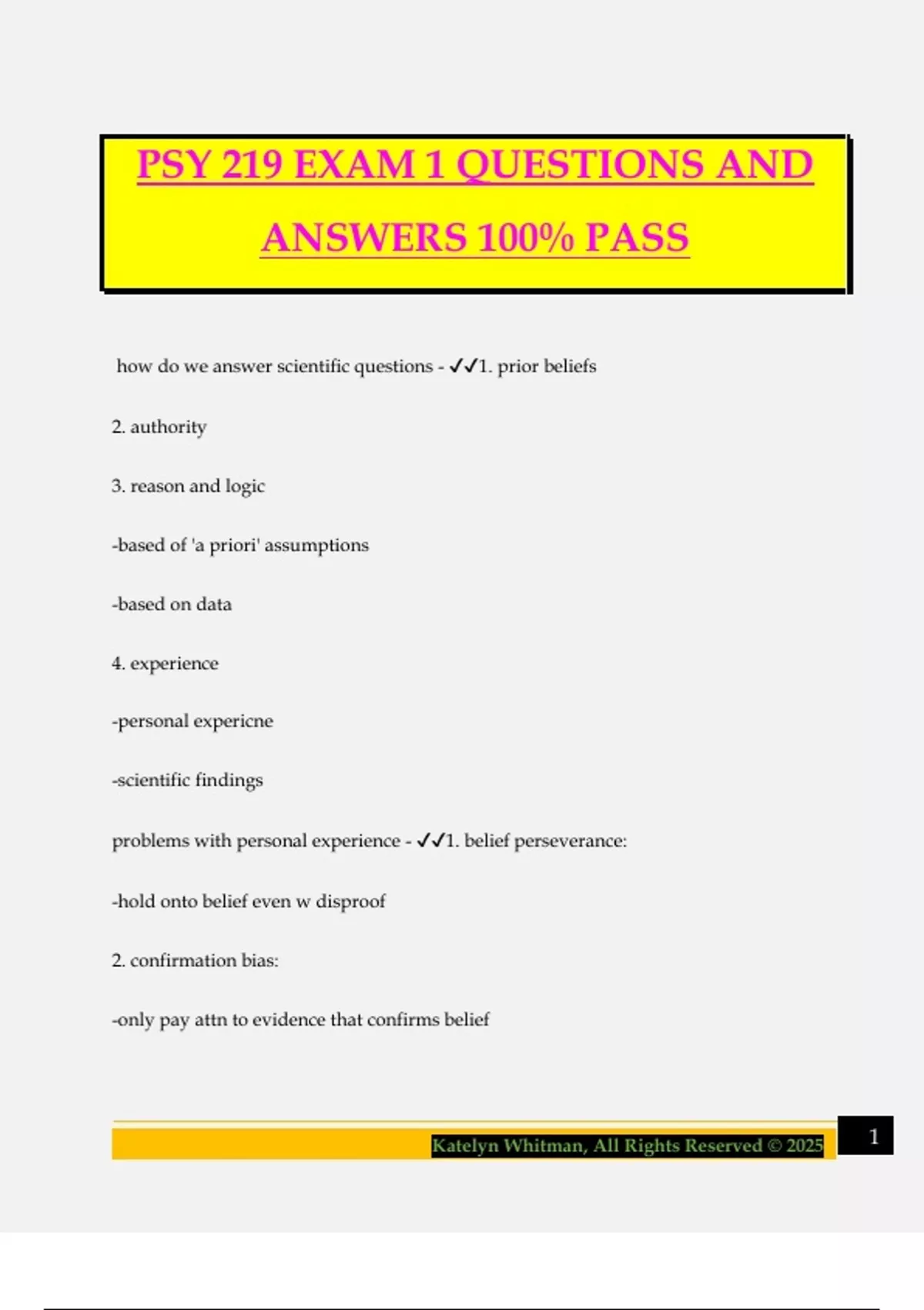 PSY 219 EXAM 1 QUESTIONS AND ANSWERS 100% PASS - PSY 219 - Stuvia US