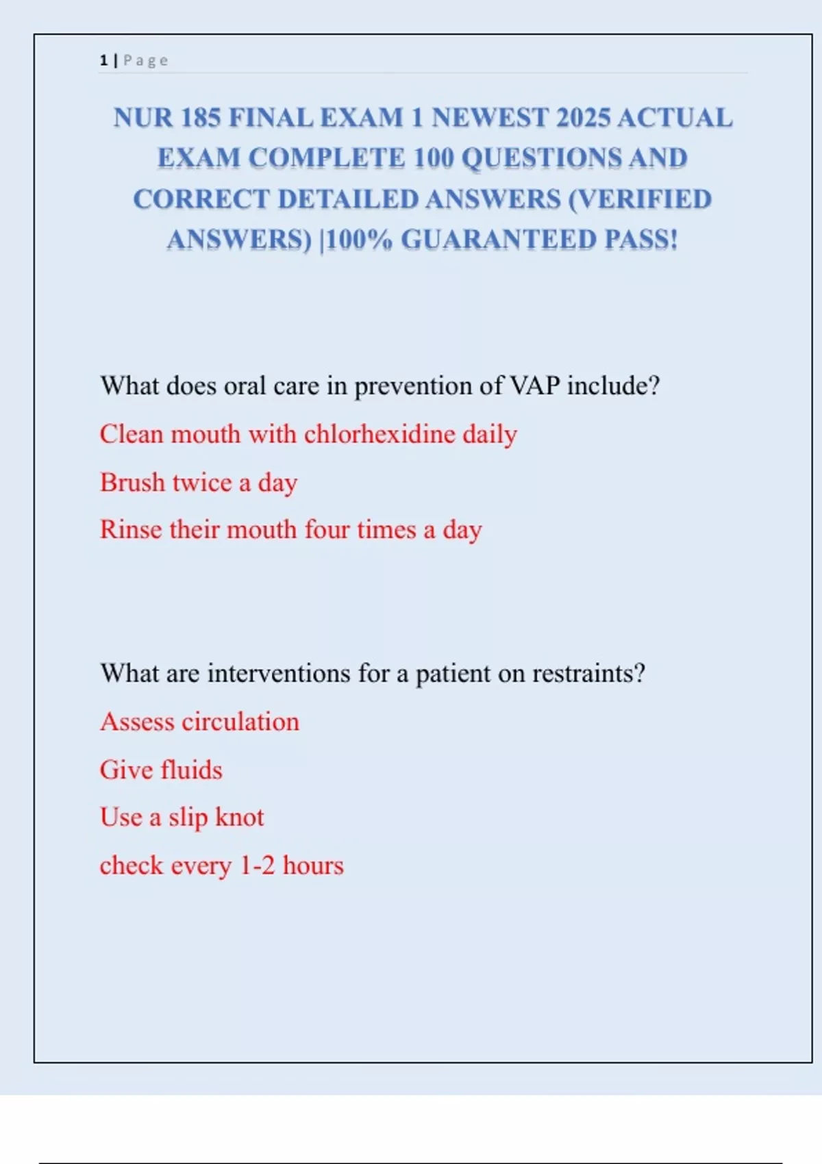 NUR 185 EXAM 1 NEWEST 2025 ACTUAL EXAM COMPLETE 100 QUESTIONS AND ...