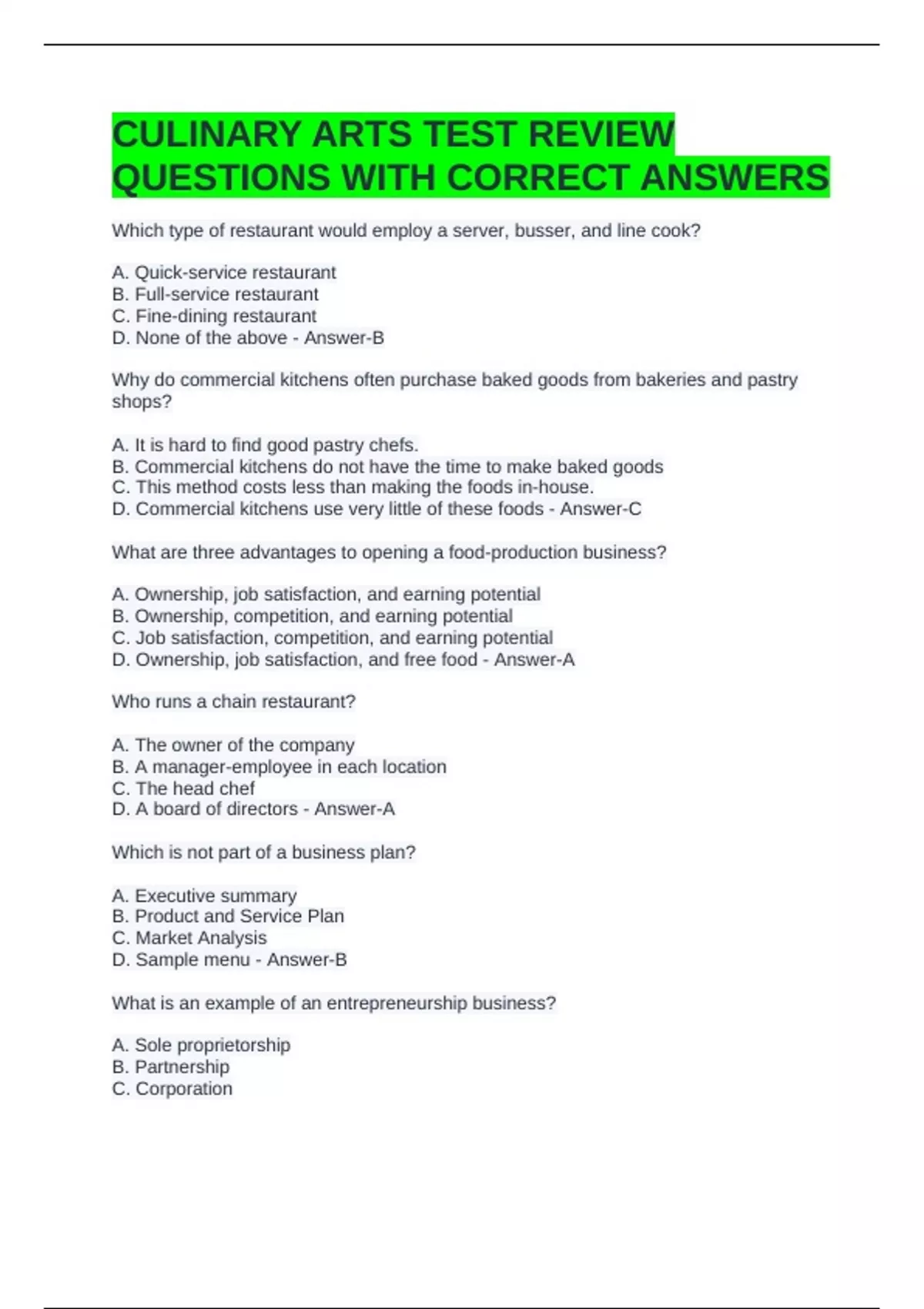 CULINARY ARTS TEST REVIEW QUESTIONS WITH CORRECT ANSWERS - CULINARY ARTS - Stuvia US