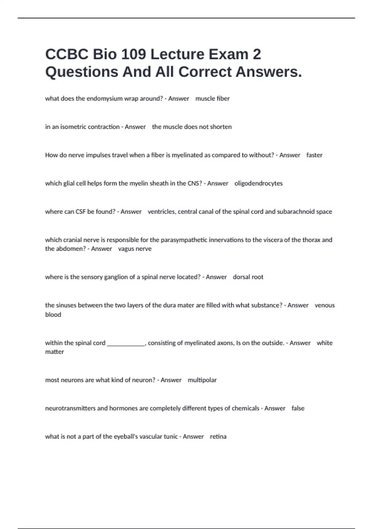CCBC Bio 109 Lecture Exam 2 Questions And All Correct Answers. - CCBC ...