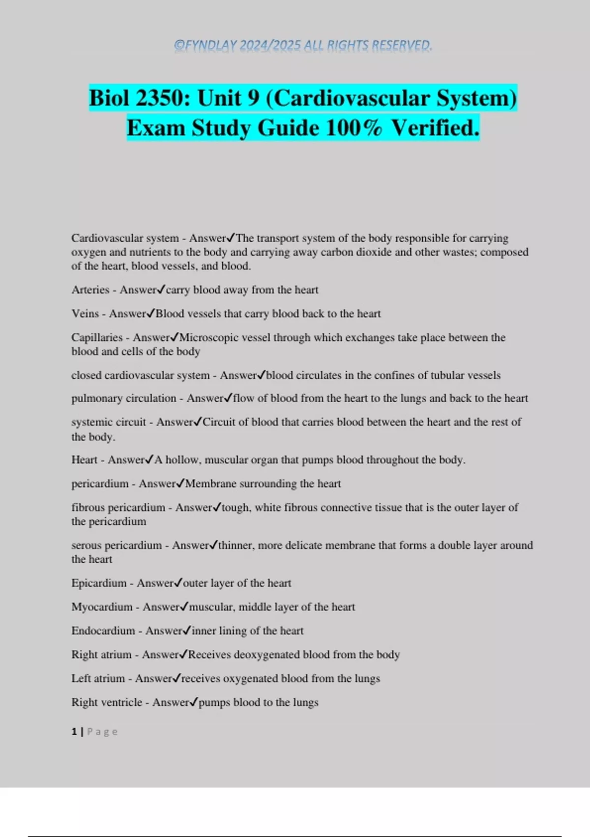 Biol 2350: Unit 9 (Cardiovascular System) Exam Study Guide 100% ...