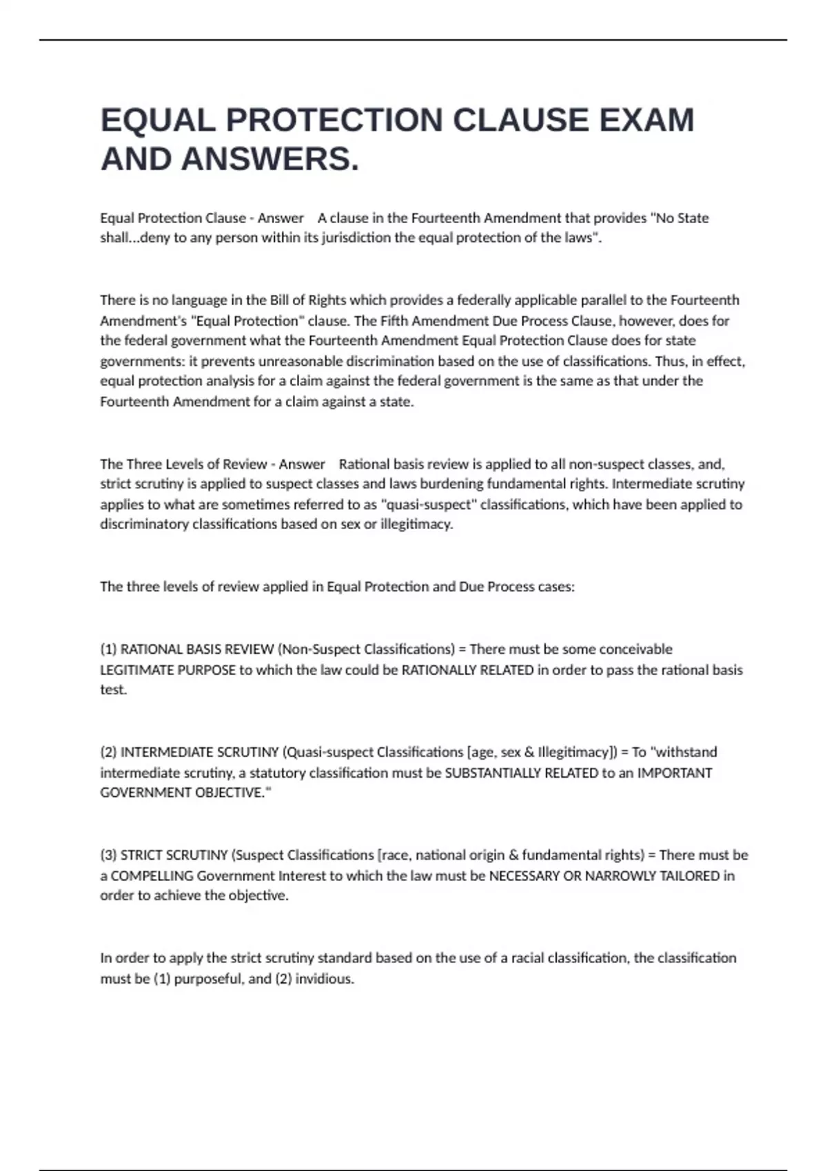 EQUAL PROTECTION CLAUSE EXAM AND ANSWERS. - Equal protection - Stuvia US