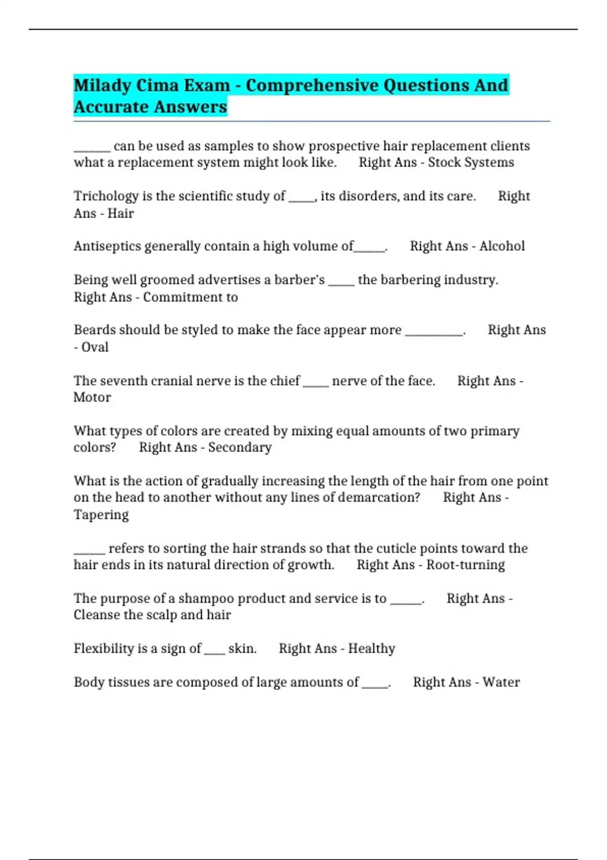 Example Cima Questions Milady Cima Exam - Comprehensive Questions And Accurate Answers ...