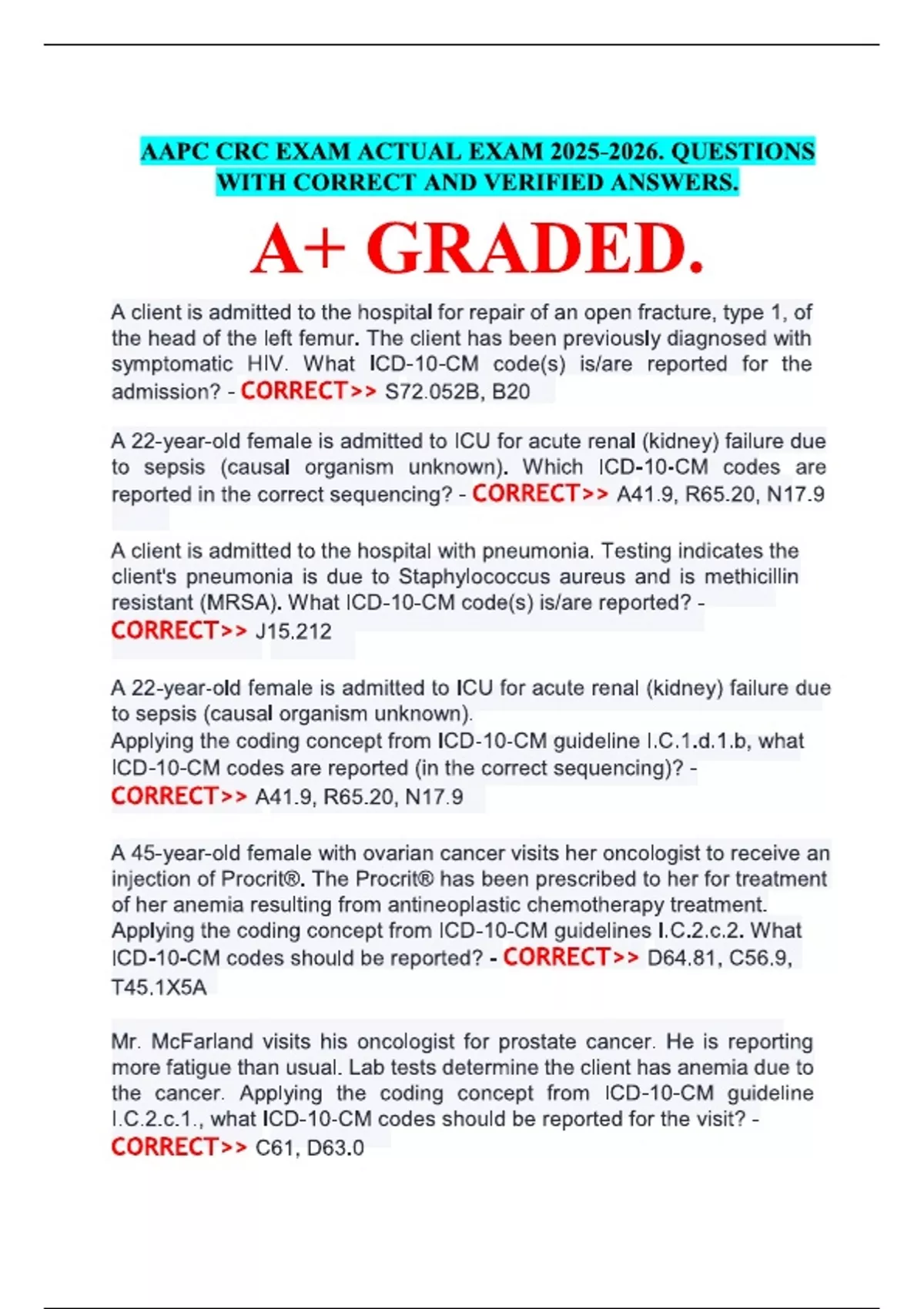 AAPC CRC EXAM ACTUAL EXAM . QUESTIONS WITH CORRECT AND VERIFIED ANSWERS ...