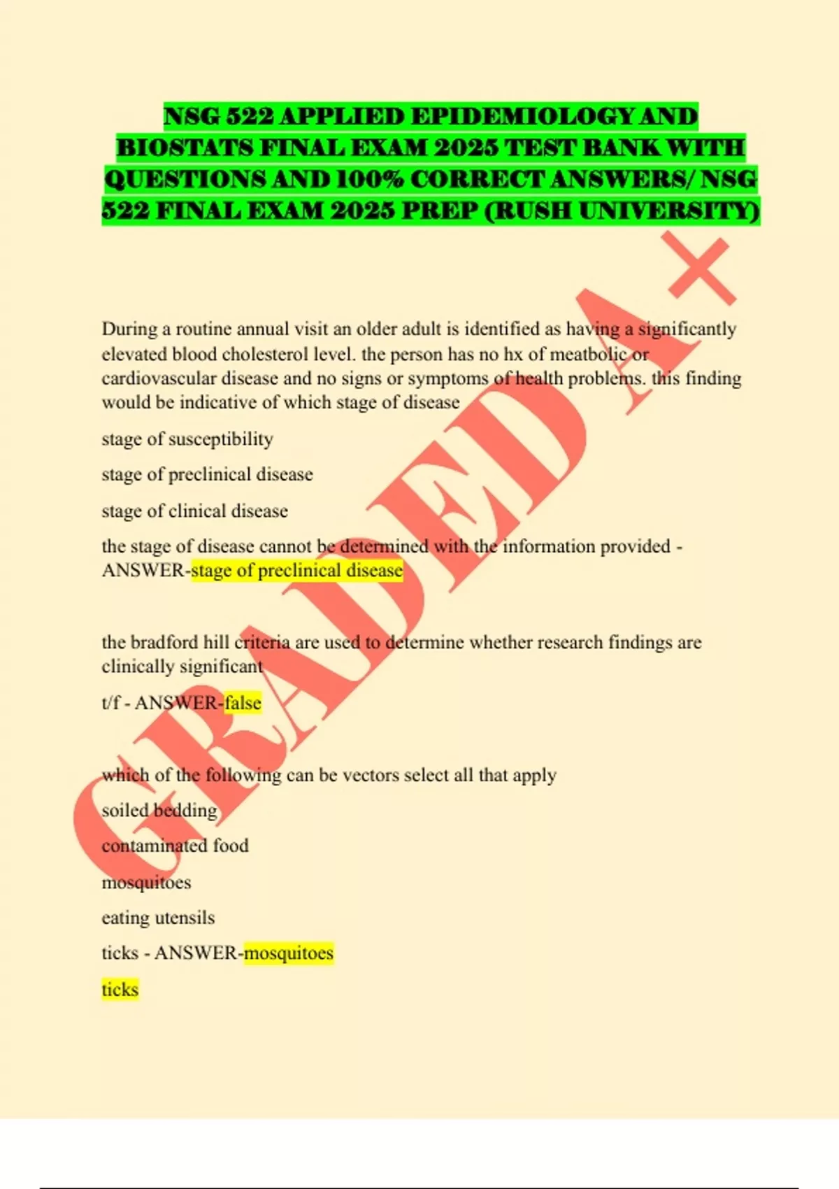 NSG 522 APPLIED EPIDEMIOLOGY AND BIOSTATS FINAL EXAM 2025 TEST BANK ...