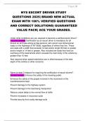 NYS ESCORT DRIVER STUDY  QUESTIONS 2025&vert; BRAND NEW ACTUAL  EXAM WITH 100&percnt; VERIFIED QUESTIONS  AND CORRECT SOLUTIONS&vert; GUARANTEED  VALUE PACK&vert; ACE YOUR GRADES&period;