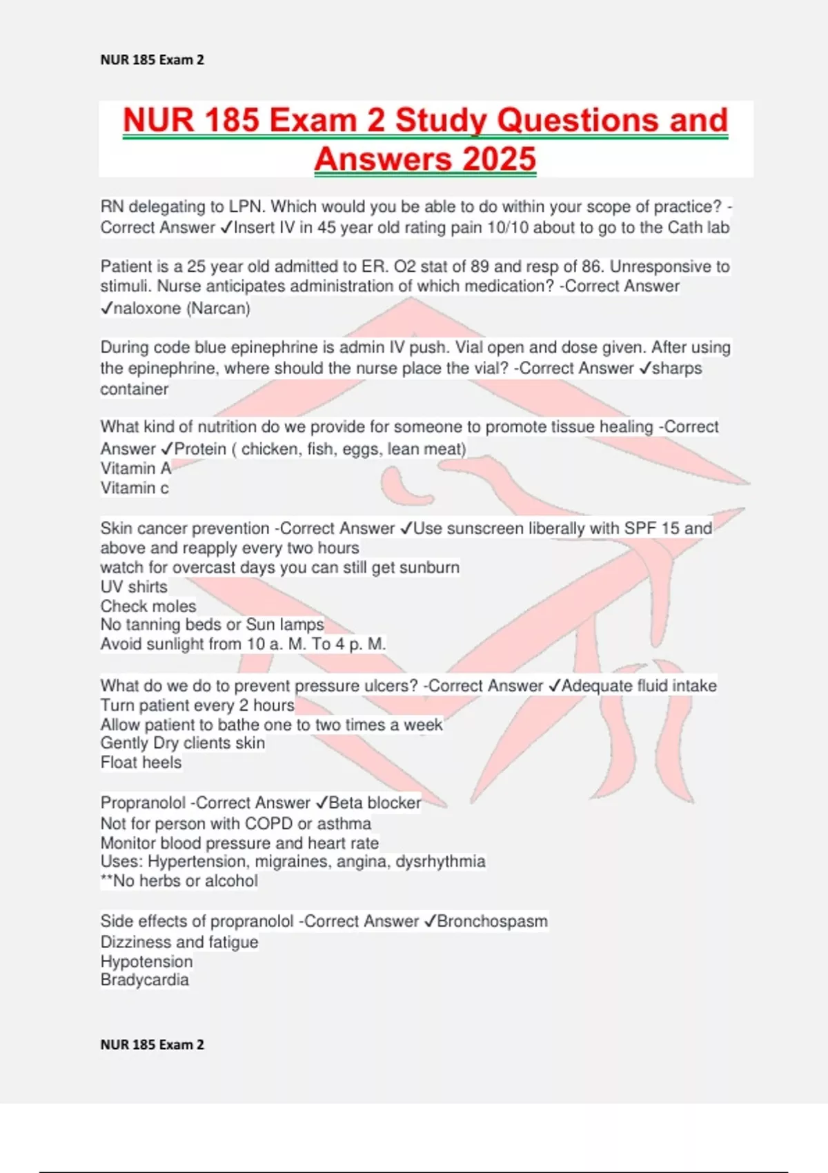 NUR 185 Exam 2 Study Questions and Answers 2025 - NUR 185 , - Stuvia US