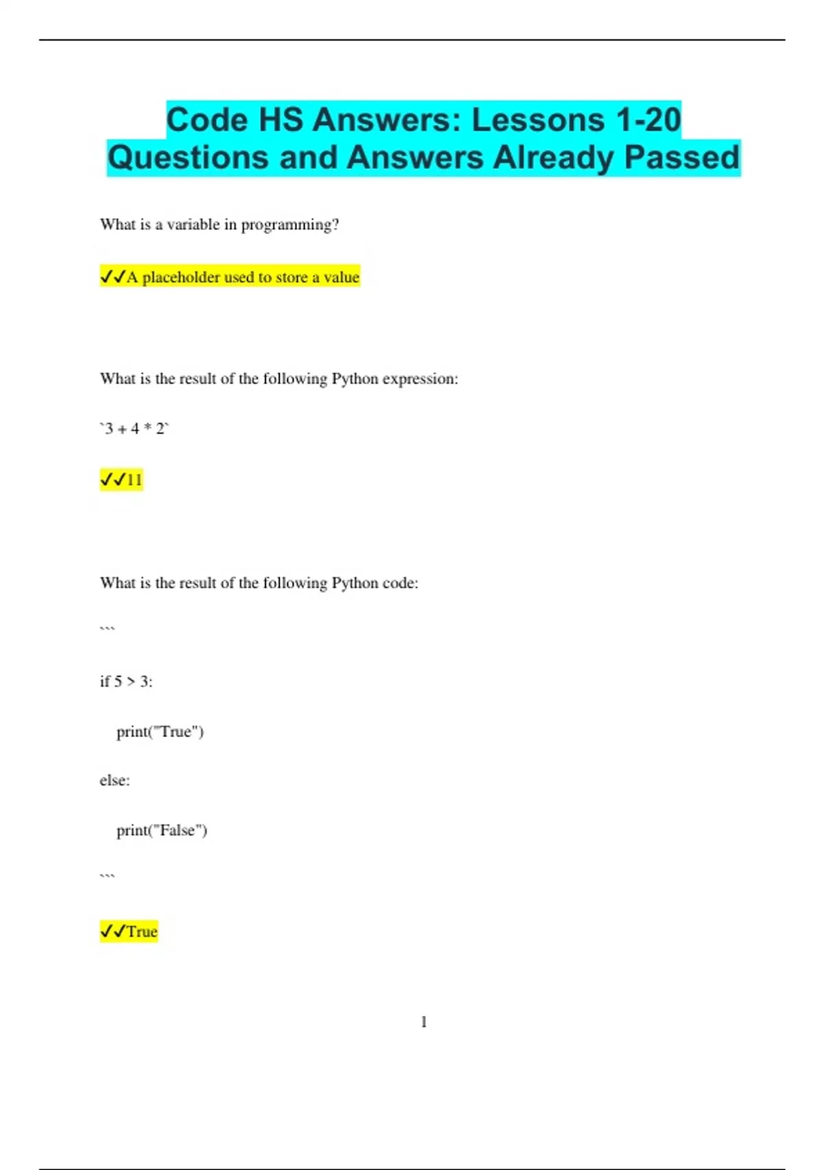 Code HS Answers: Lessons 1-20 Questions and Answers Already Passed ...