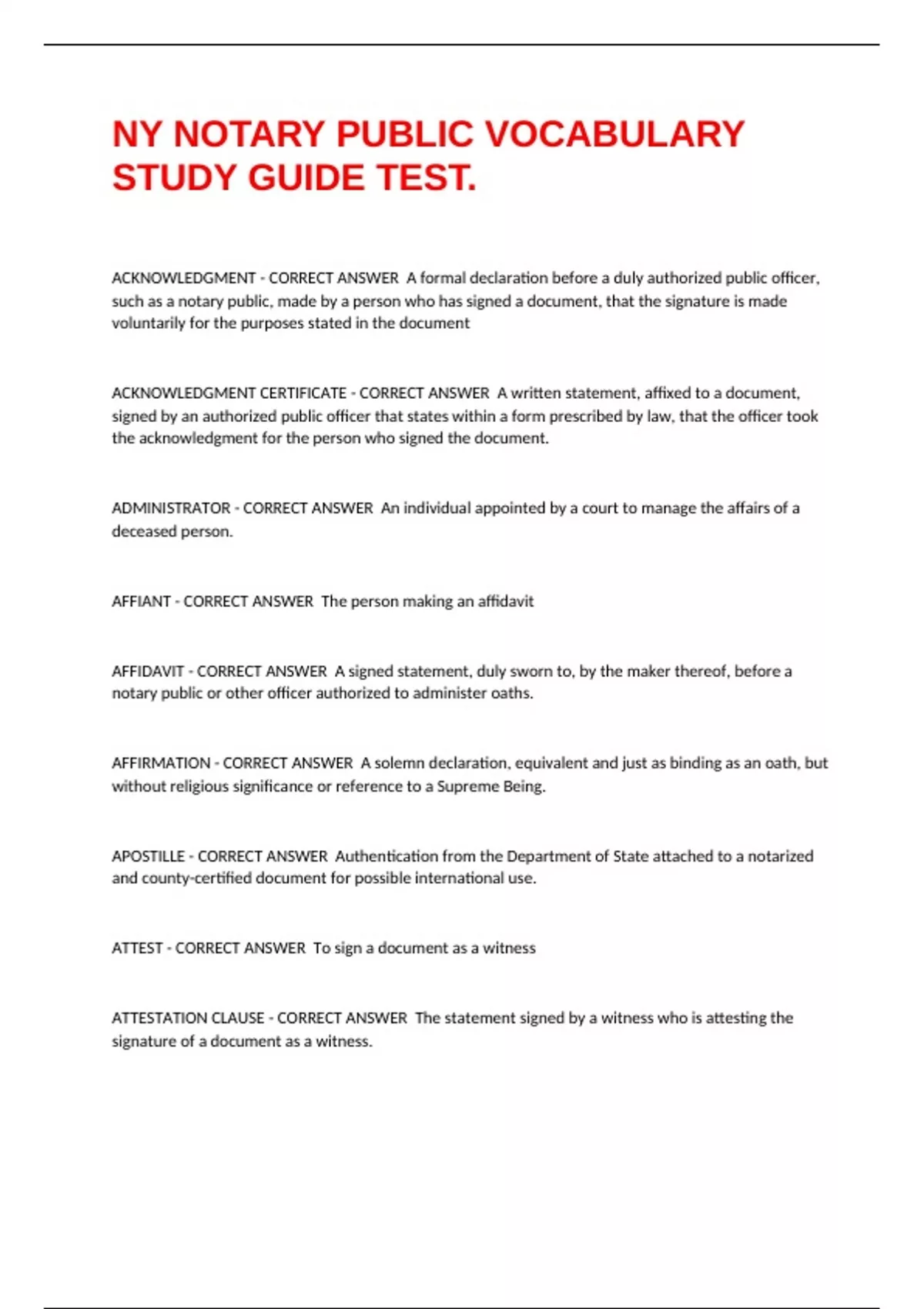 NY NOTARY PUBLIC VOCABULARY STUDY GUIDE TEST. - Nys notary - Stuvia US