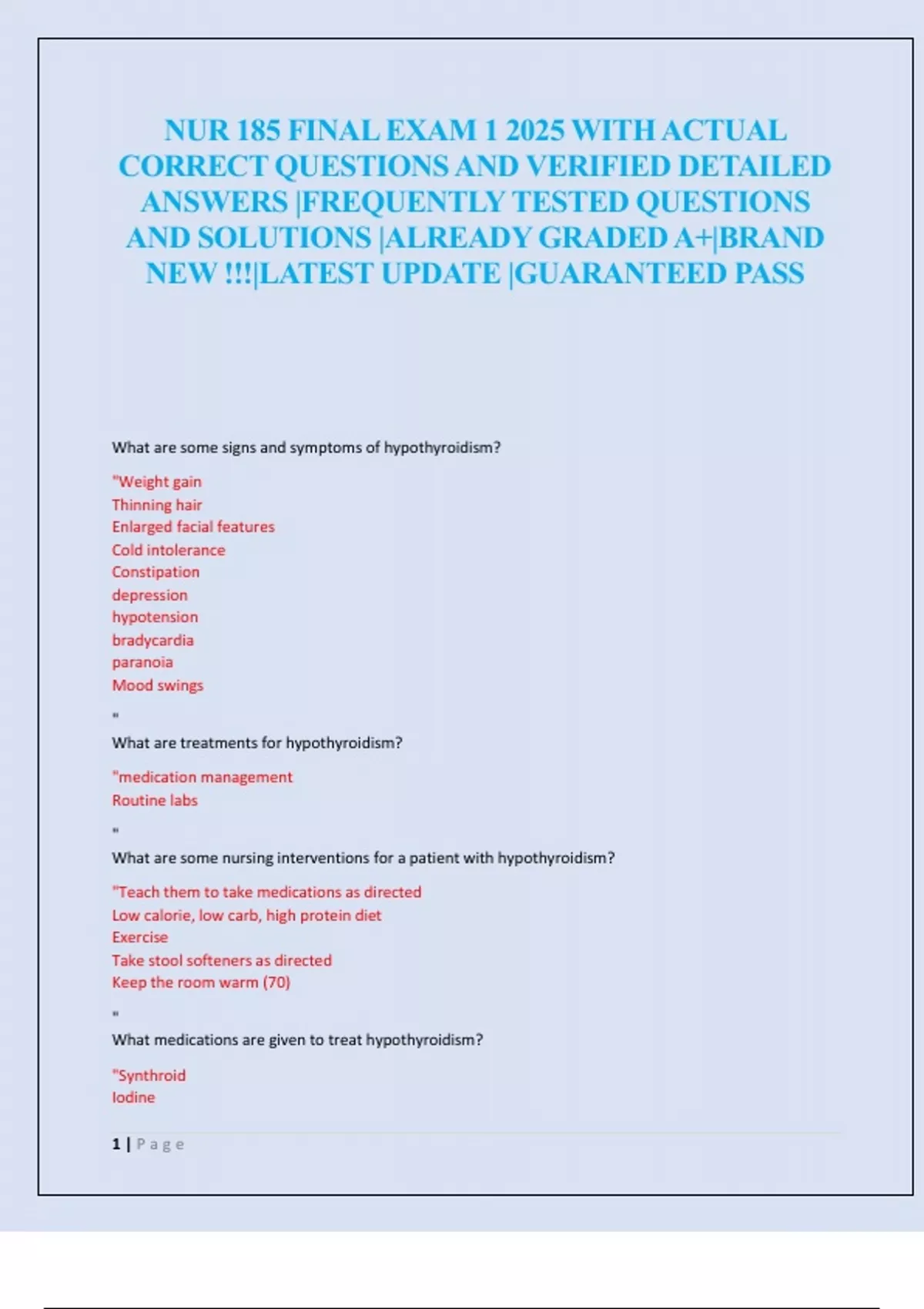 NUR 185 FINAL EXAM 1 2025 WITH ACTUAL CORRECT QUESTIONS AND VERIFIED ...