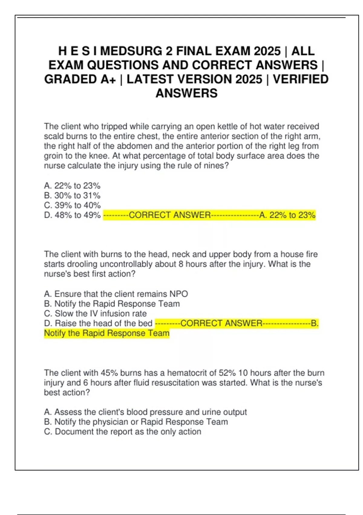 HESI MEDSURG 2 FINAL EXAM 2025 | ALL EXAM QUESTIONS AND CORRECT ANSWERS ...