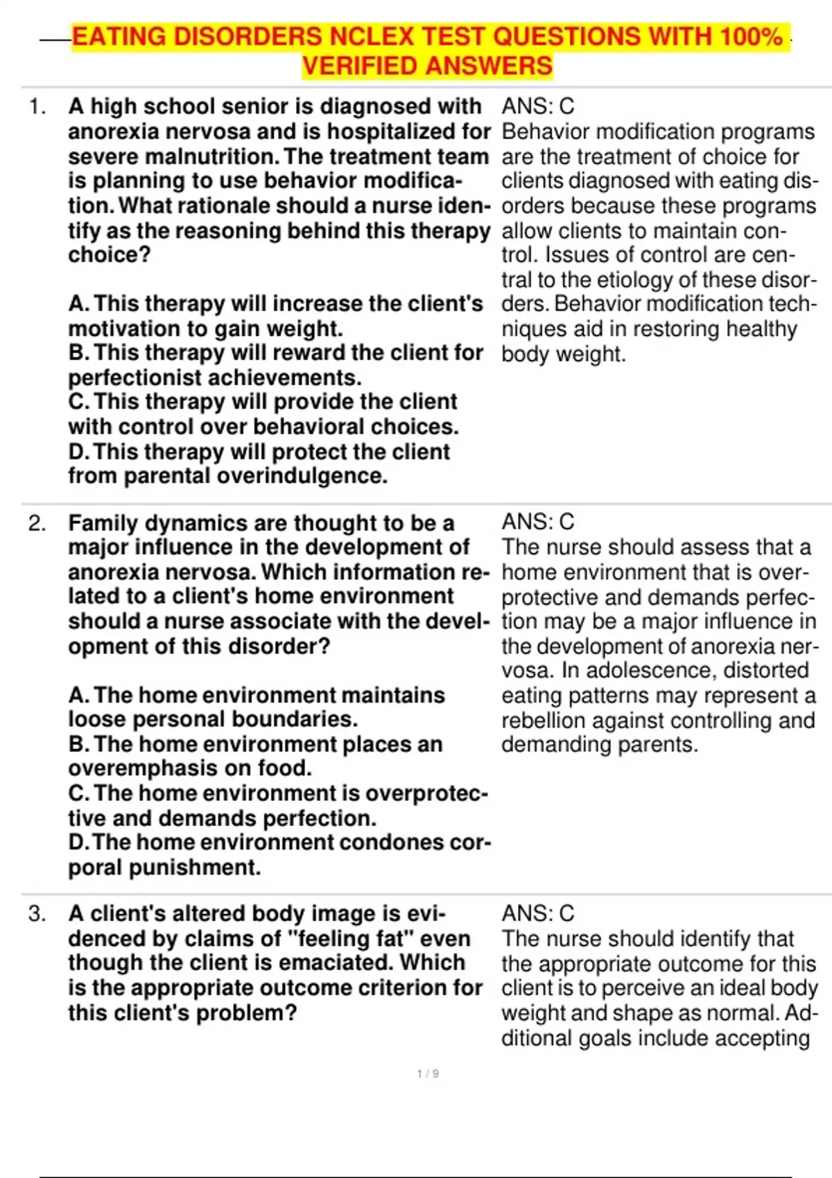EATING DISORDERS NCLEX TEST QUESTIONS WITH 100% VERIFIED ANSWERS ...
