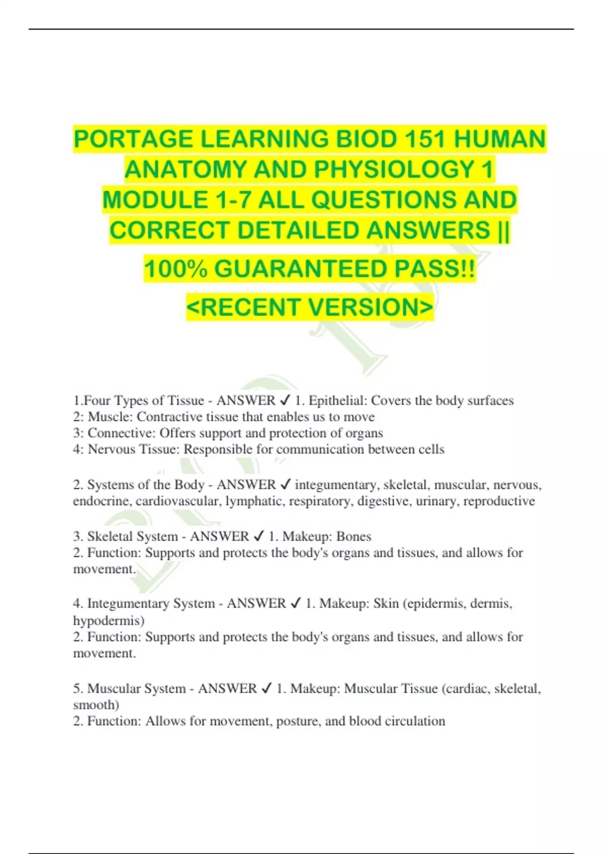 PORTAGE LEARNING BIOD 151 HUMAN ANATOMY AND PHYSIOLOGY 1 MODULE 1-7 ALL ...