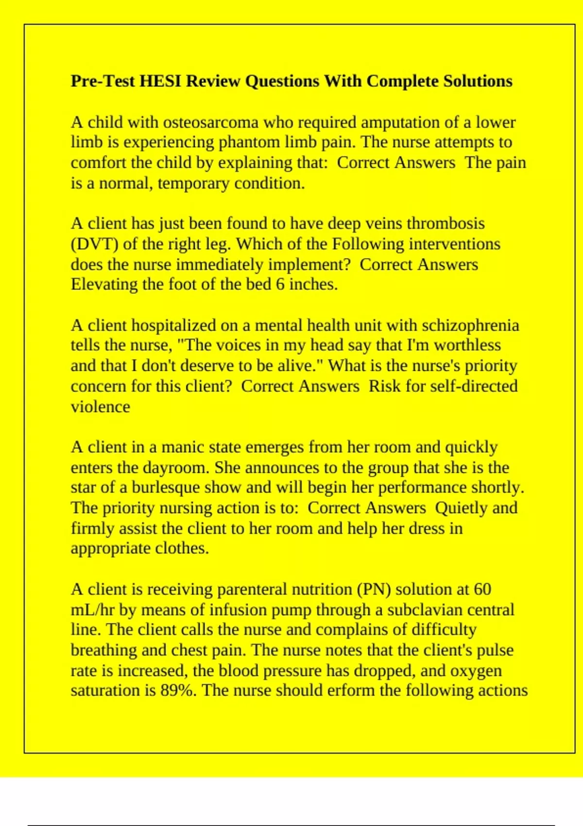 Pre-Test HESI Review Questions With Complete Solutions - Hesi - Stuvia US