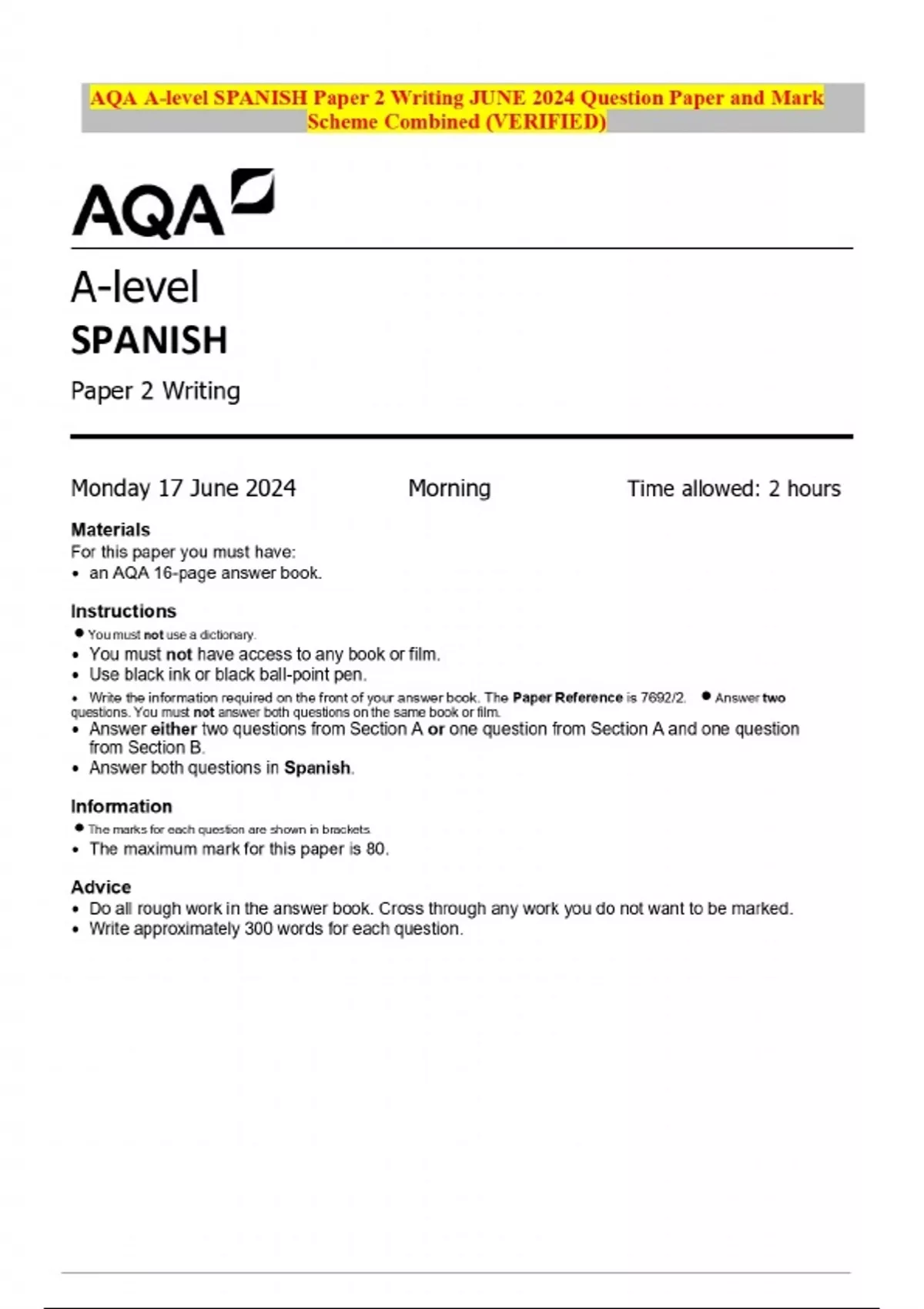AQA A-level SPANISH Paper 2 Writing JUNE 2024 Question Paper and Mark ...