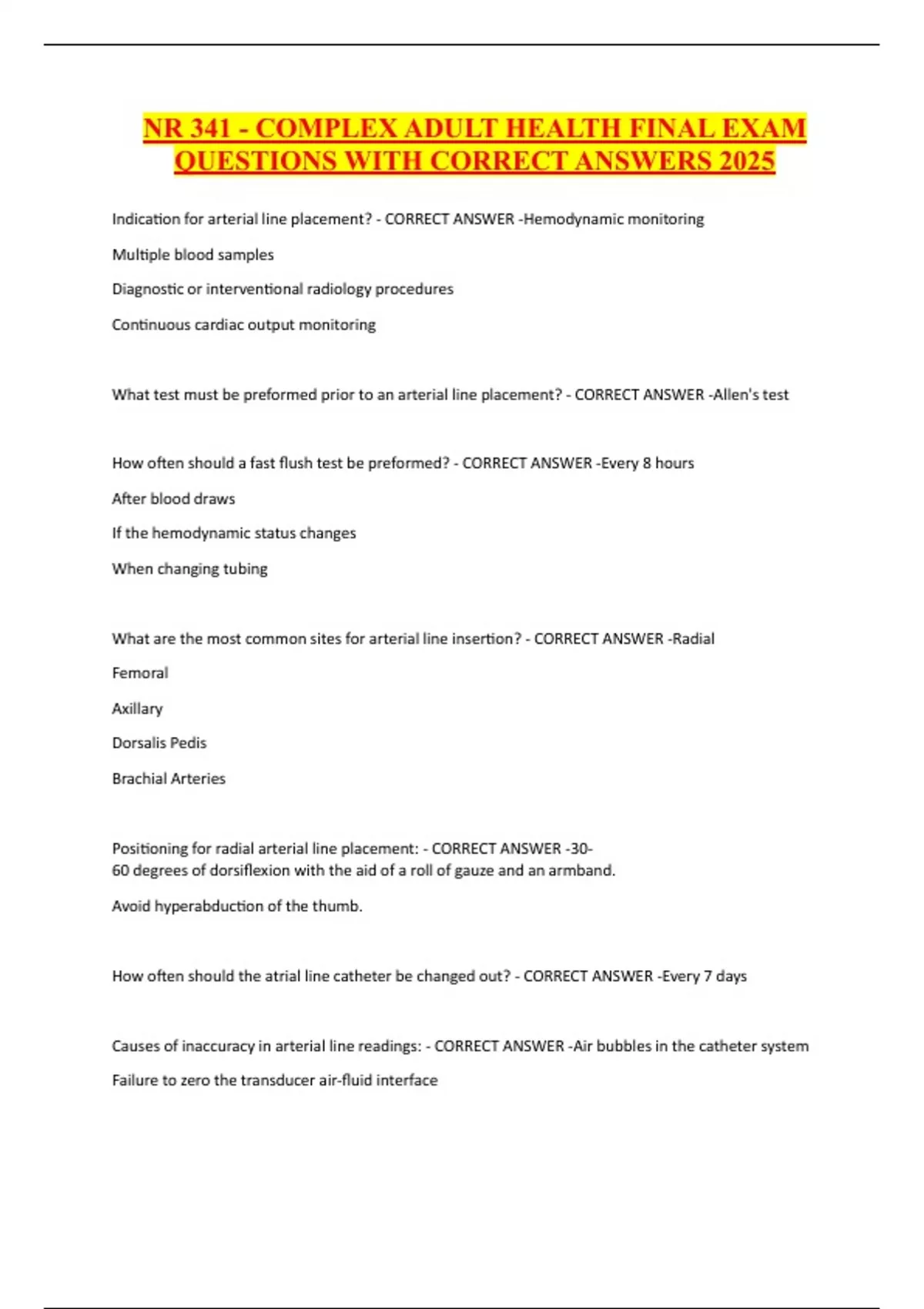 NR 341 - COMPLEX ADULT HEALTH FINAL EXAM QUESTIONS WITH CORRECT ANSWERS ...