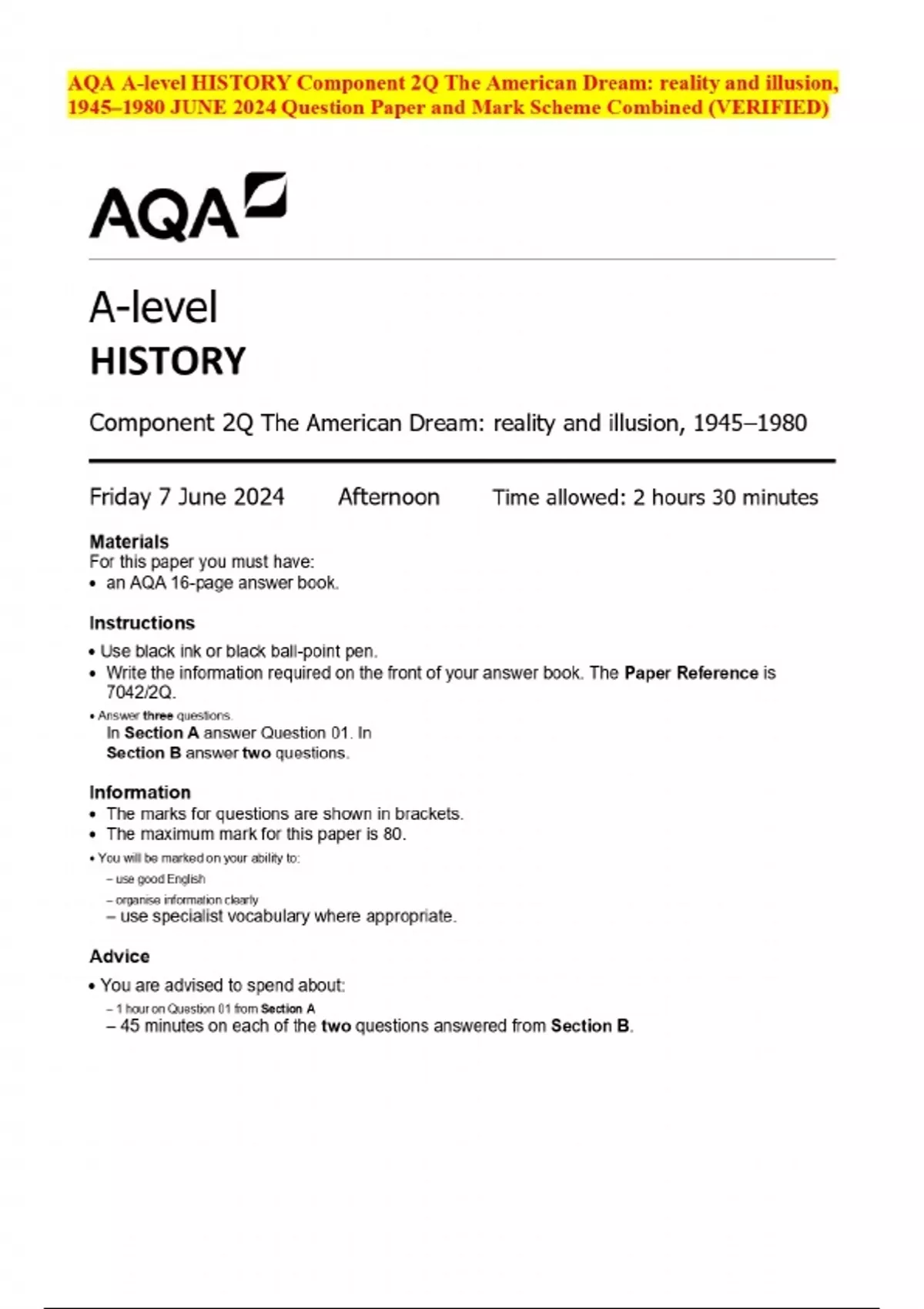 AQA A-level HISTORY Component 2Q The American Dream: reality and ...