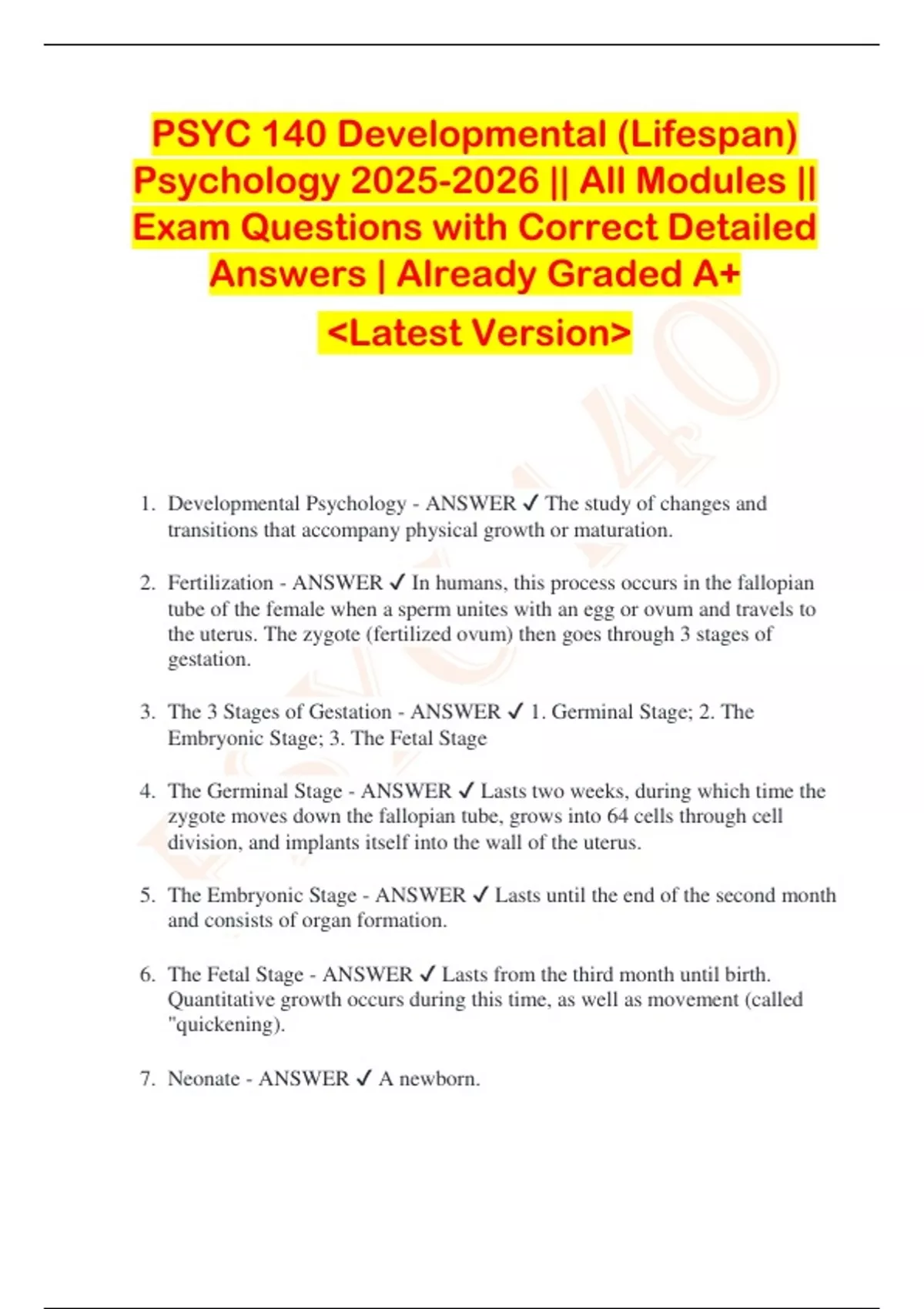 PSYC 140 Developmental (Lifespan) Psychology || All Modules || Exam ...