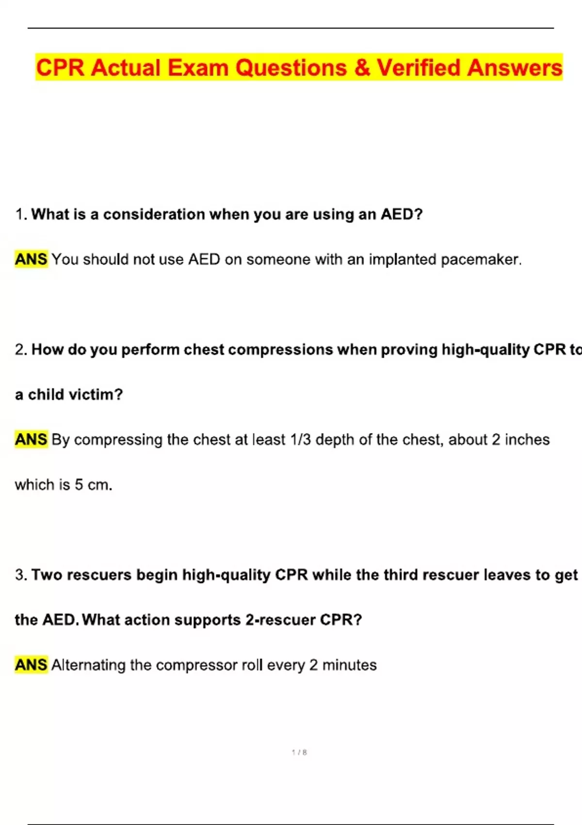 CPR Test (Latest 2025 / 2026 Update) Questions and Verified Answers ...