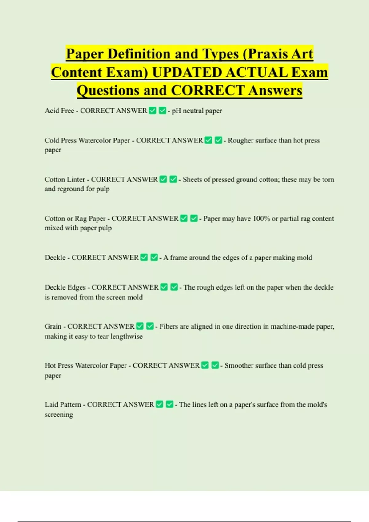 Paper Correct Paper Definition and Types (Praxis Art Content Exam) UPDATED ACTUAL ...