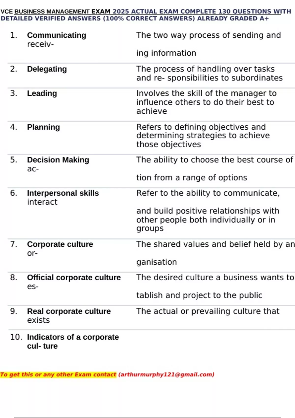 VCE BUSINESS MANAGEMENT EXAM 2025 ACTUAL EXAM COMPLETE 130 QUESTIONS ...
