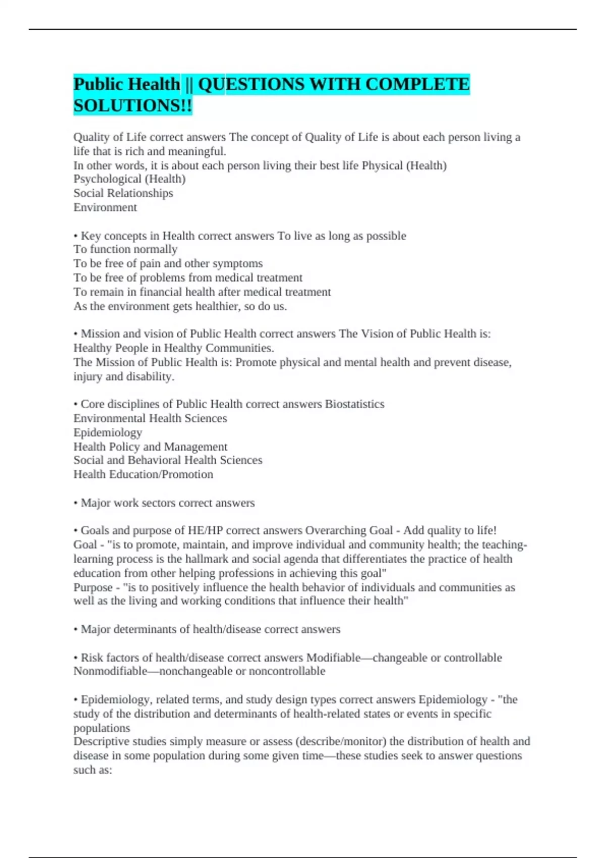 Public Health || QUESTIONS WITH COMPLETE SOLUTIONS!! - Public health ...