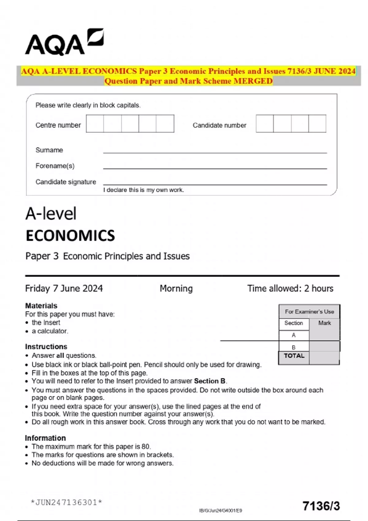 AQA A-LEVEL ECONOMICS Paper 3 Economic Principles and Issues 7136/3 ...
