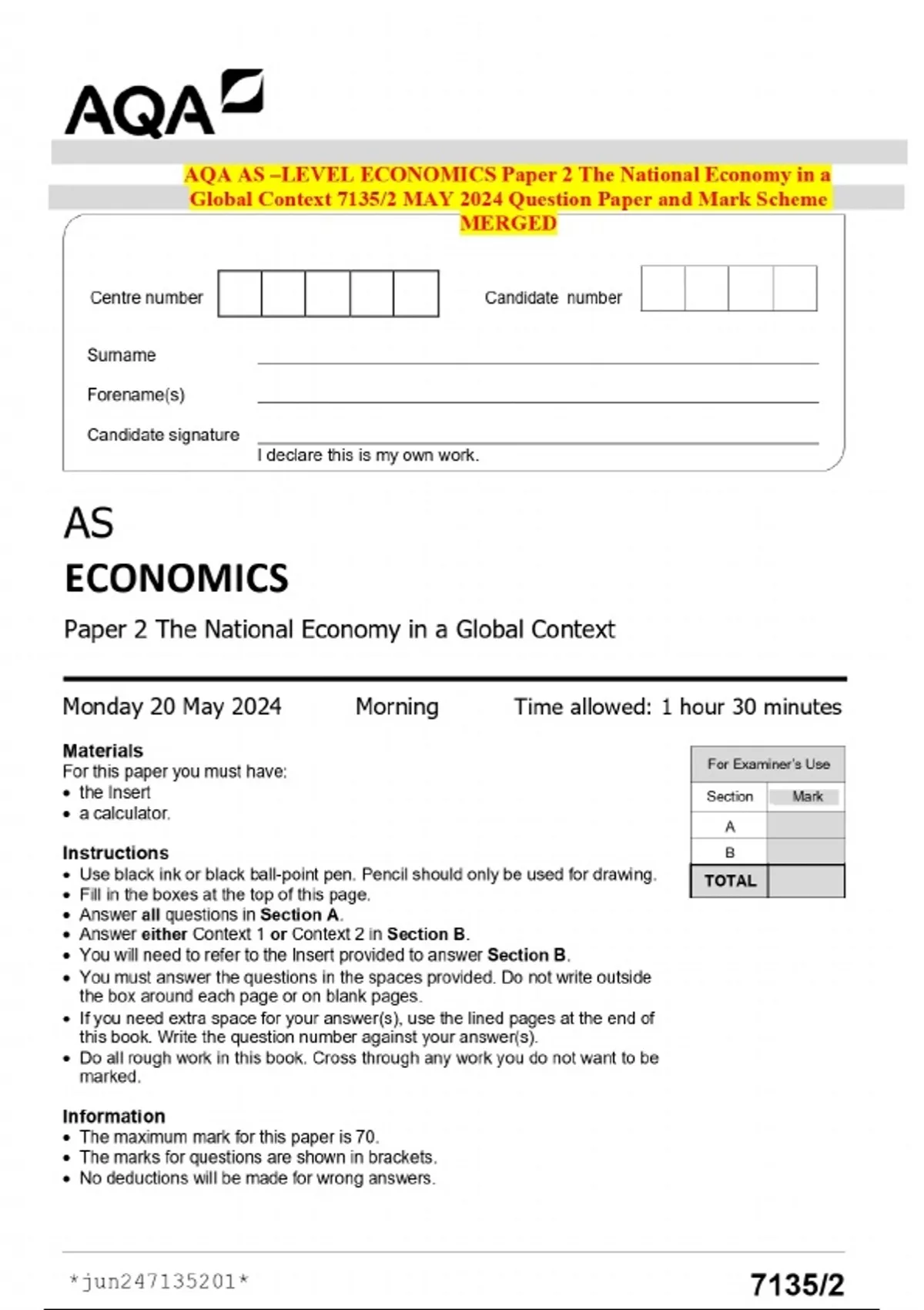 AQA AS –LEVEL ECONOMICS Paper 2 The National Economy in a Global ...
