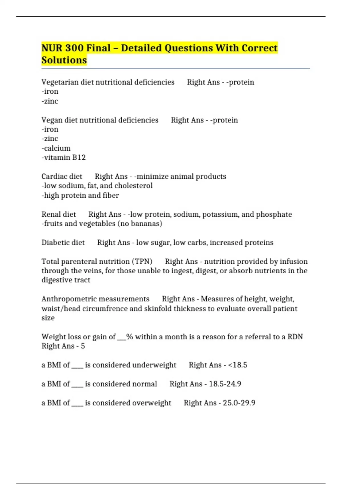 NUR 300 Final – Detailed Questions With Correct Solutions - NURS 300 ...