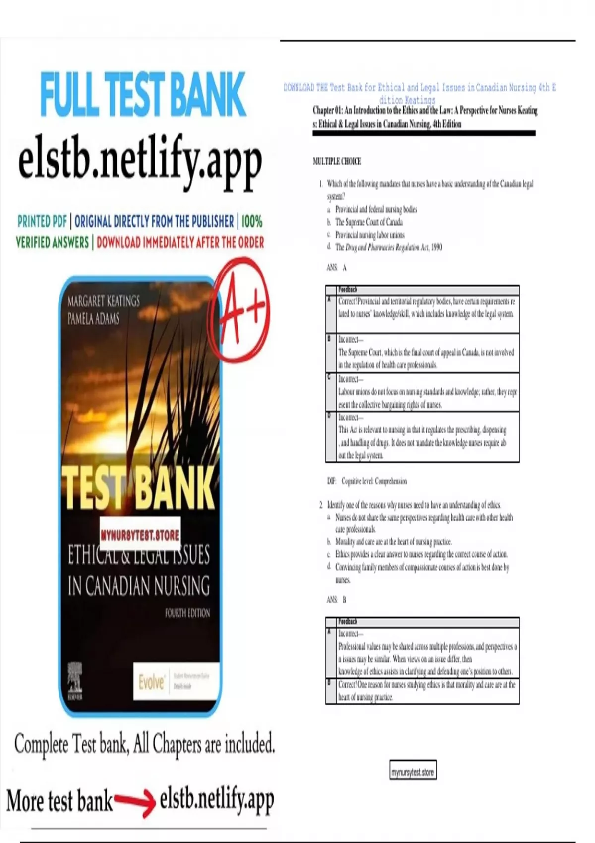 Test Bank For Ethical & Legal Issues in Canadian Nursing 4th Edition By ...