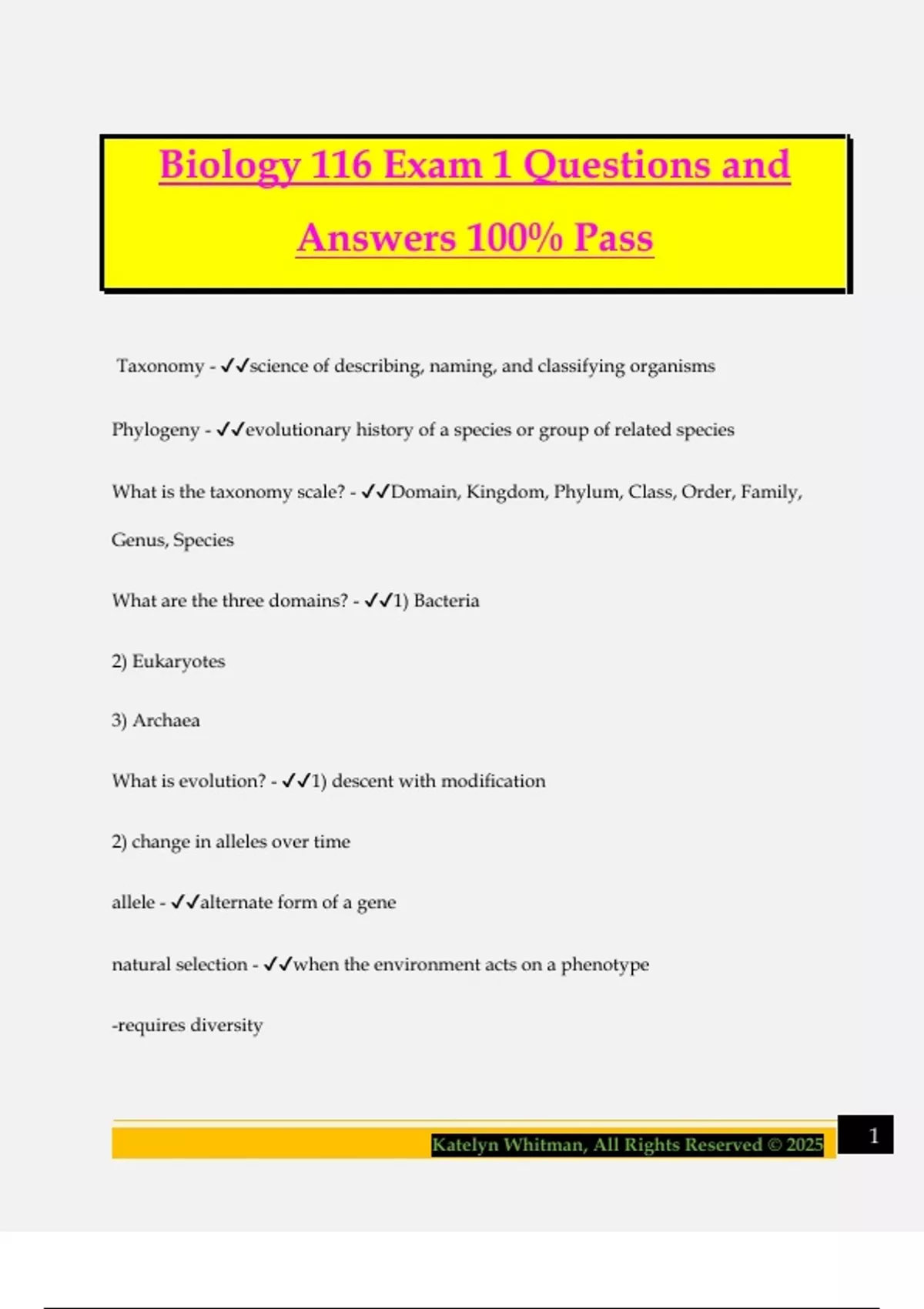 Biology 116 Exam 1 Questions and Answers 100% Pass - BIO 116 - Stuvia US