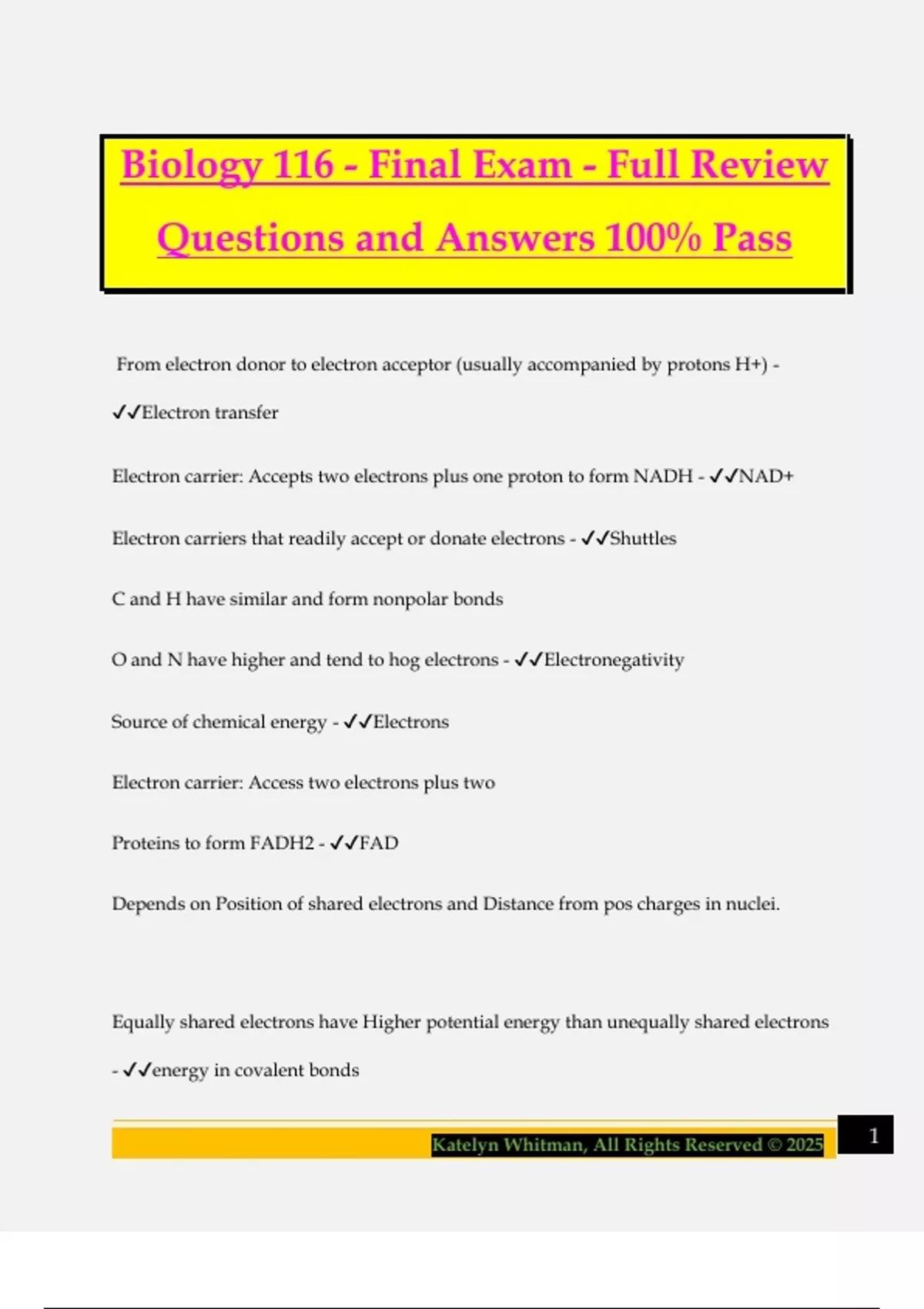 Biology 116 - Final Exam - Full Review Questions and Answers 100% Pass ...