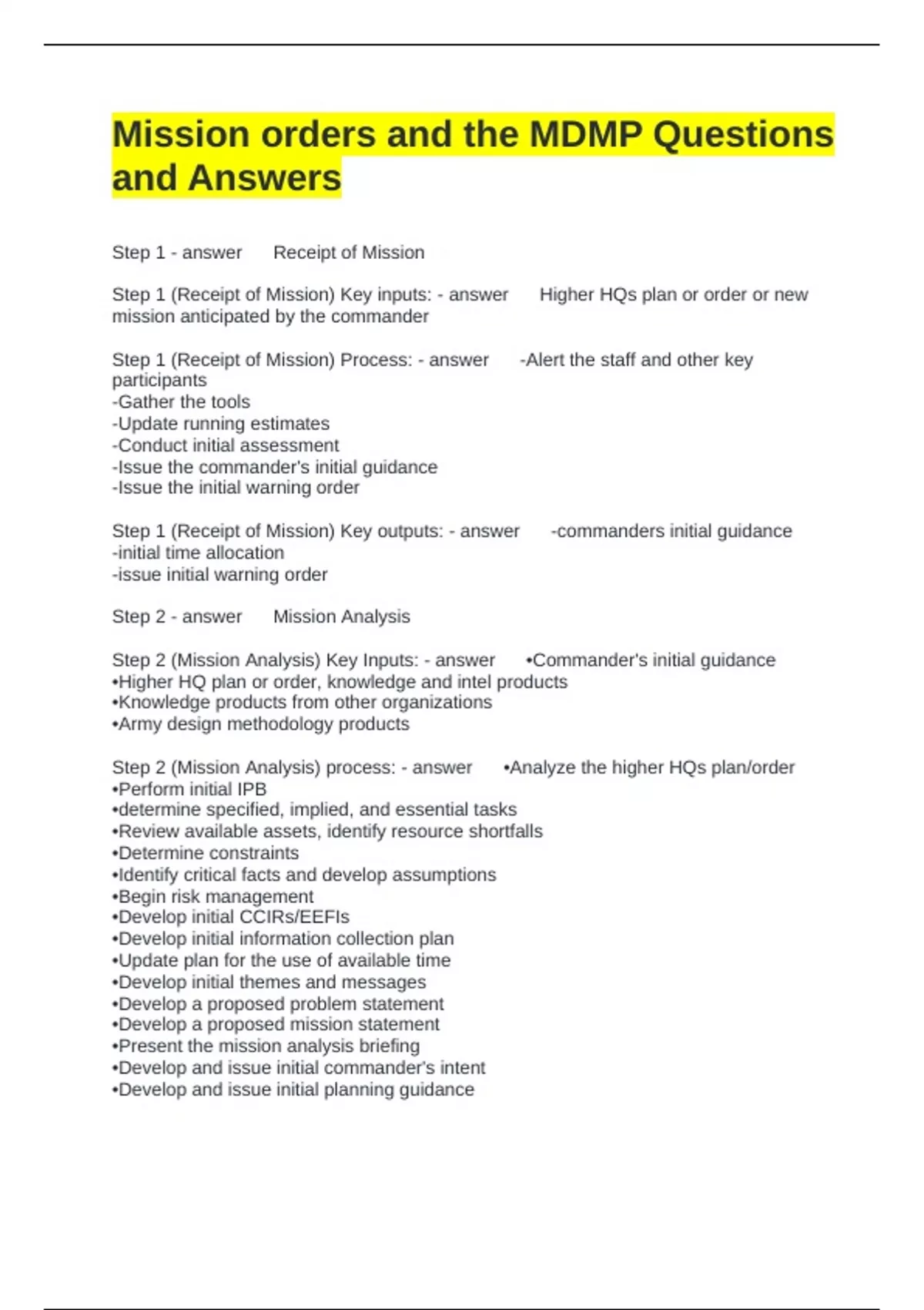 Mdmp Worksheet.pdf Mission orders and the MDMP Questions and Answers - MDMP - Stuvia US