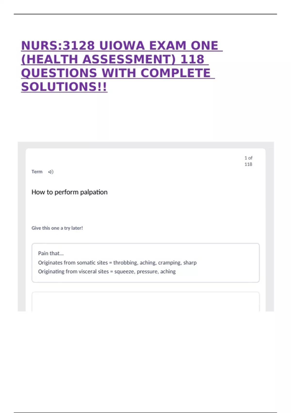 Uiowa Medical Note NURS:3128 UIOWA EXAM ONE (HEALTH ASSESSMENT) 118 QUESTIONS WITH ...