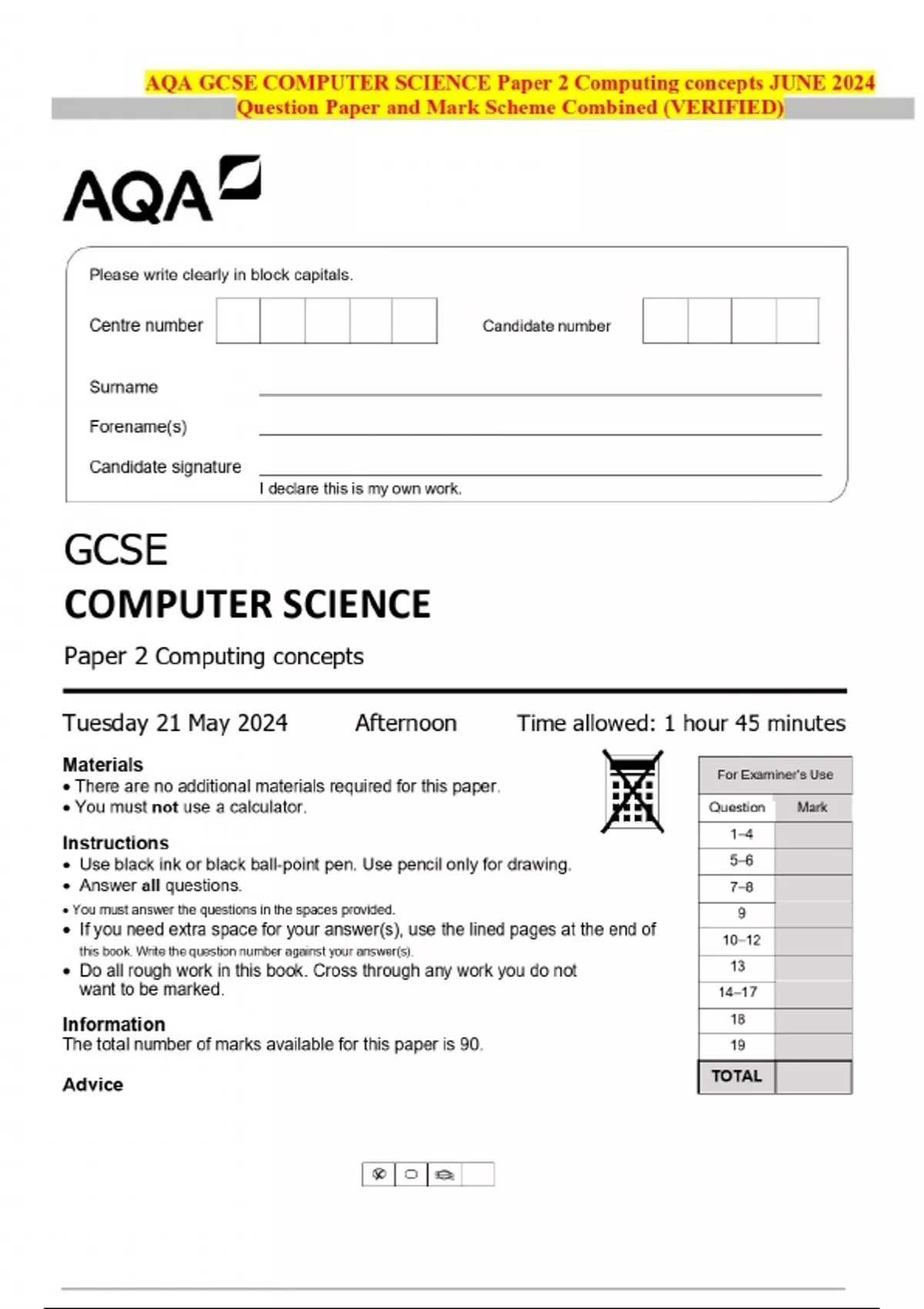 AQA GCSE COMPUTER SCIENCE Paper 2 Computing concepts JUNE 2024 Question ...