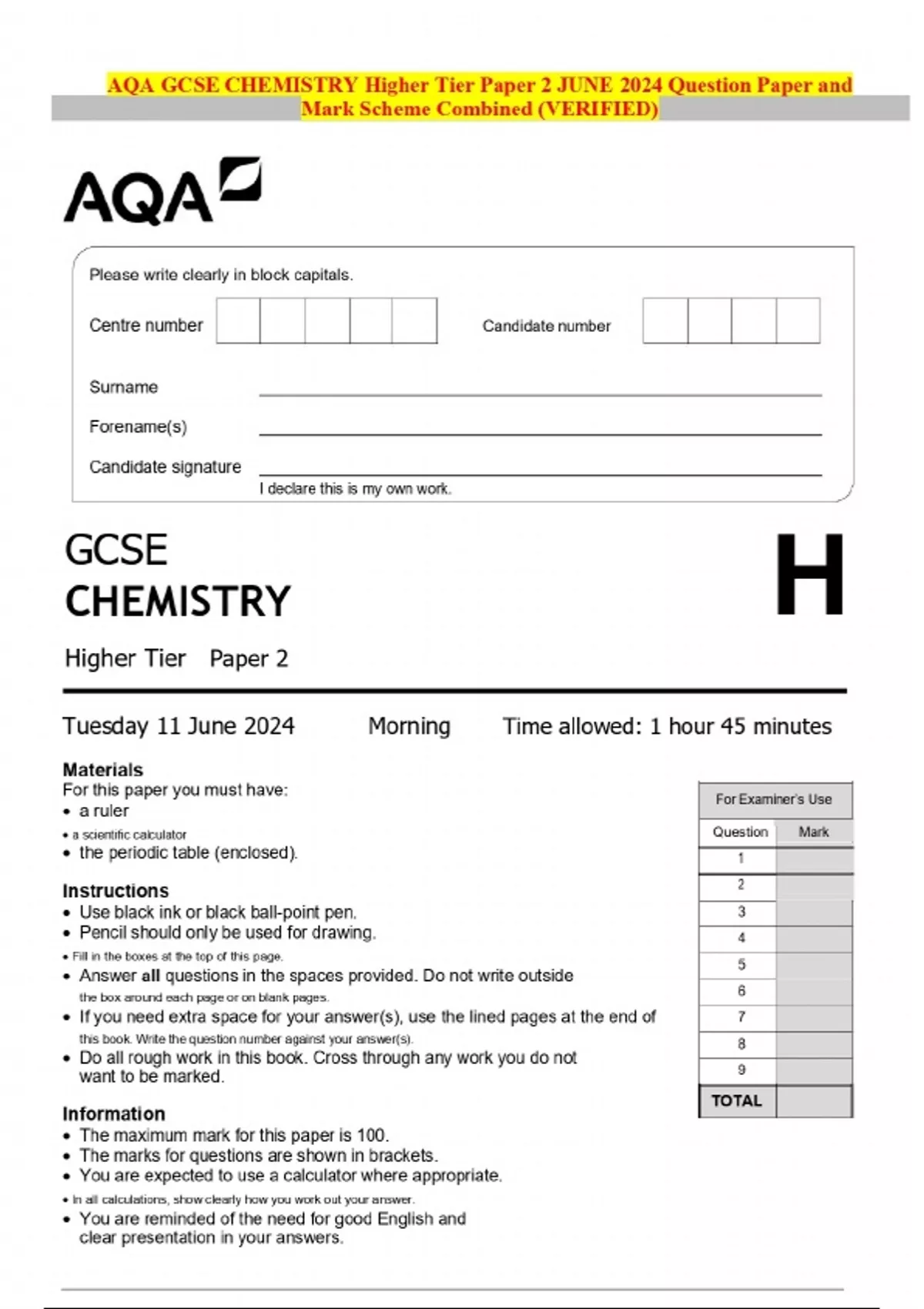 AQA GCSE CHEMISTRY Higher Tier Paper 2 JUNE 2024 Question Paper and ...