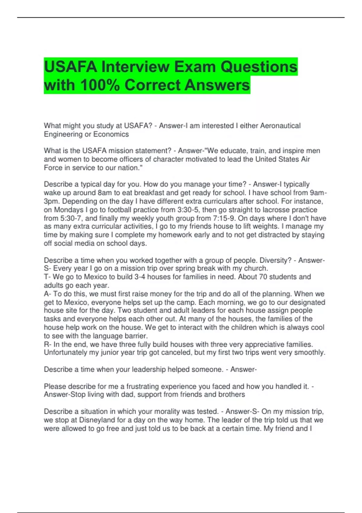 USAFA Interview Exam Questions with 100% Correct Answers - USAFA Interview - Stuvia US