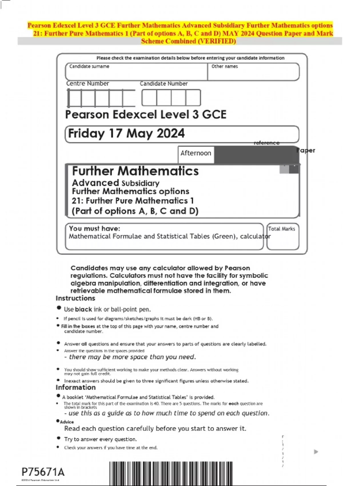 Pearson Edexcel Level 3 GCE Further Mathematics Advanced Subsidiary ...