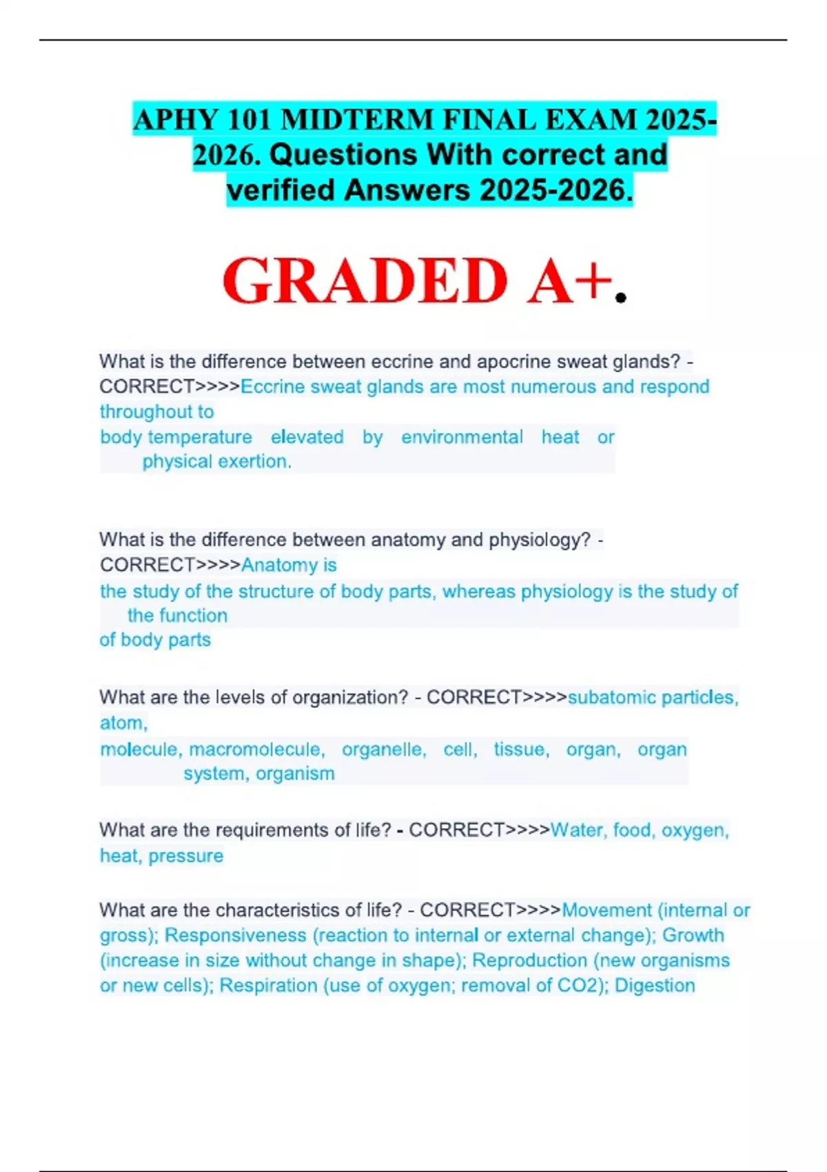 APHY 101 MIDTERM FINAL EXAM . Questions With correct and verified ...