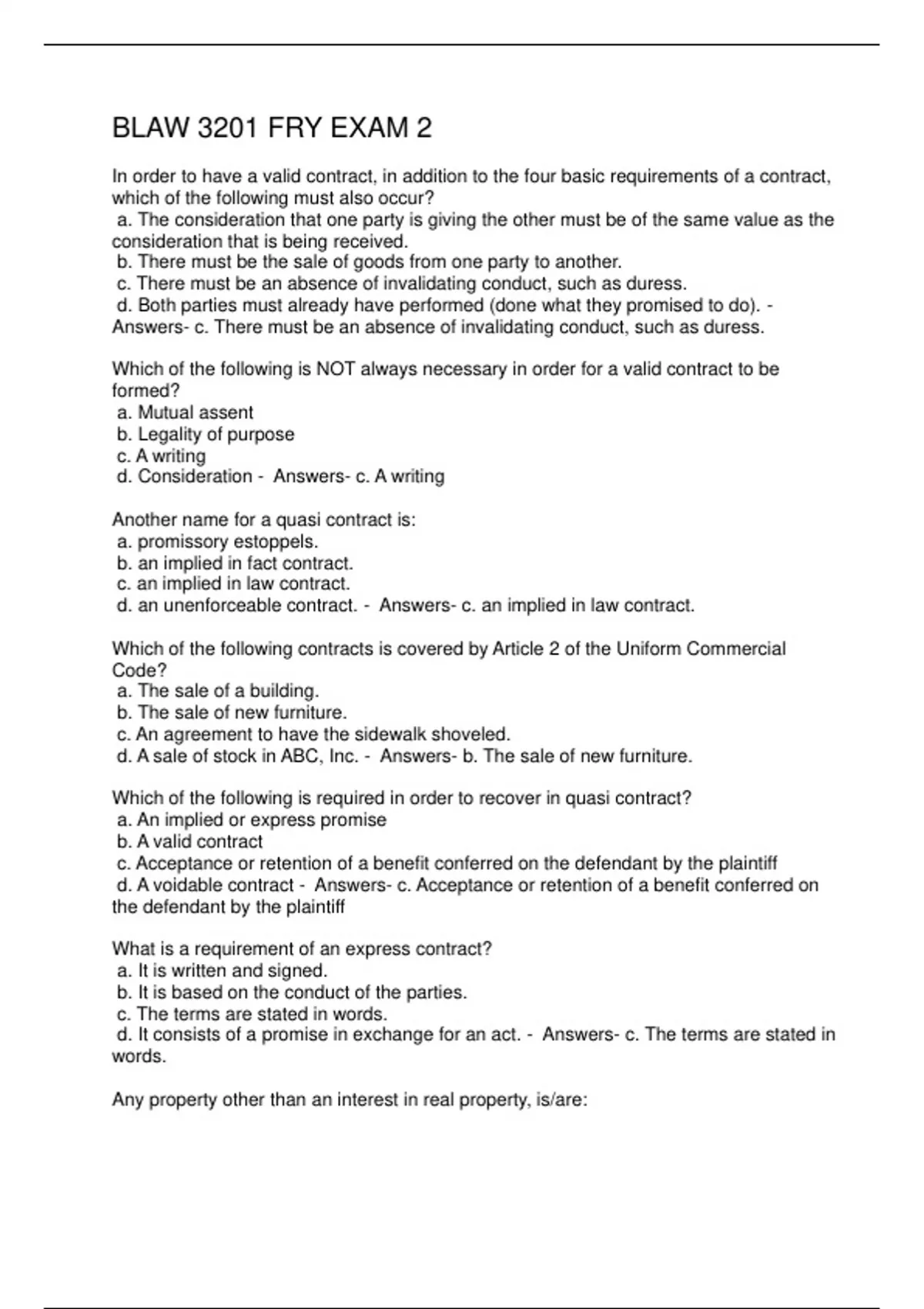 BLAW 3201 FRY EXAM 2 Q&A 2025 - BLAW 3201 - Stuvia US