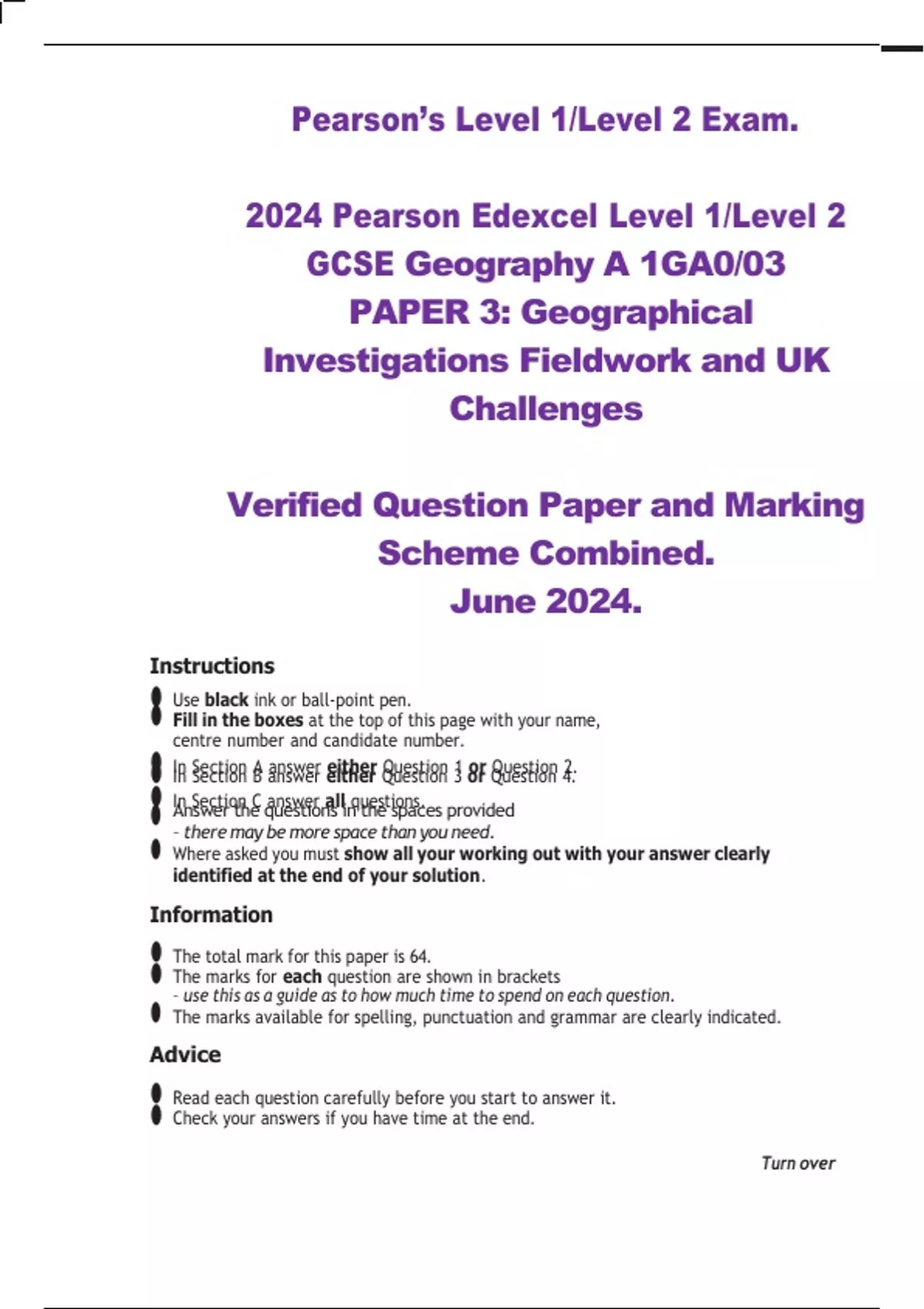 2024 Pearson Edexcel Level 1/Level 2 GCSE Geography A 1GA0/03 PAPER 3 ...