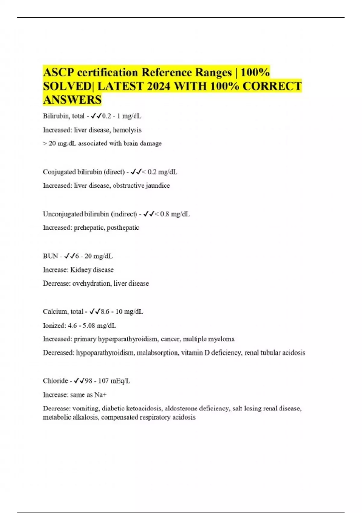 ASCP certification Reference Ranges | 100% SOLVED| LATEST 2024 WITH 100 ...
