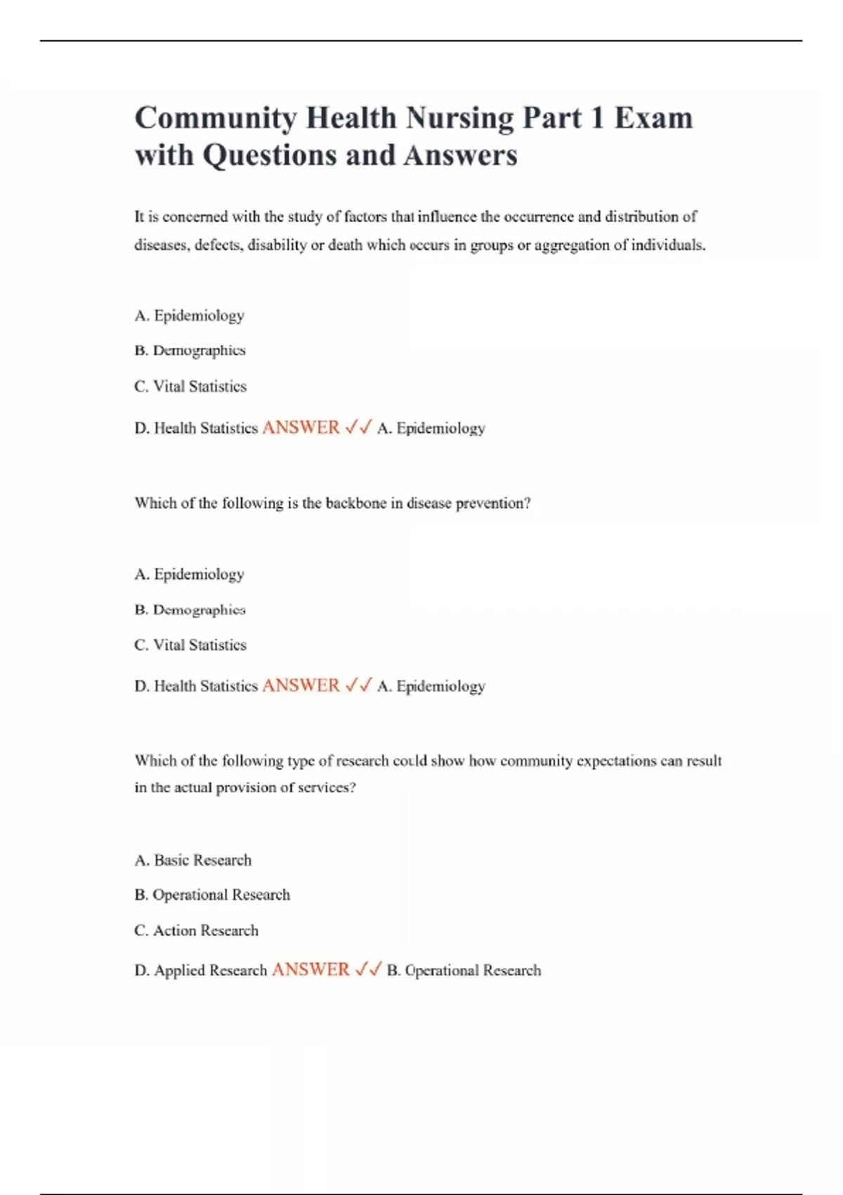 Community Health Nursing Part 1 Exam with Questions and Answers ...