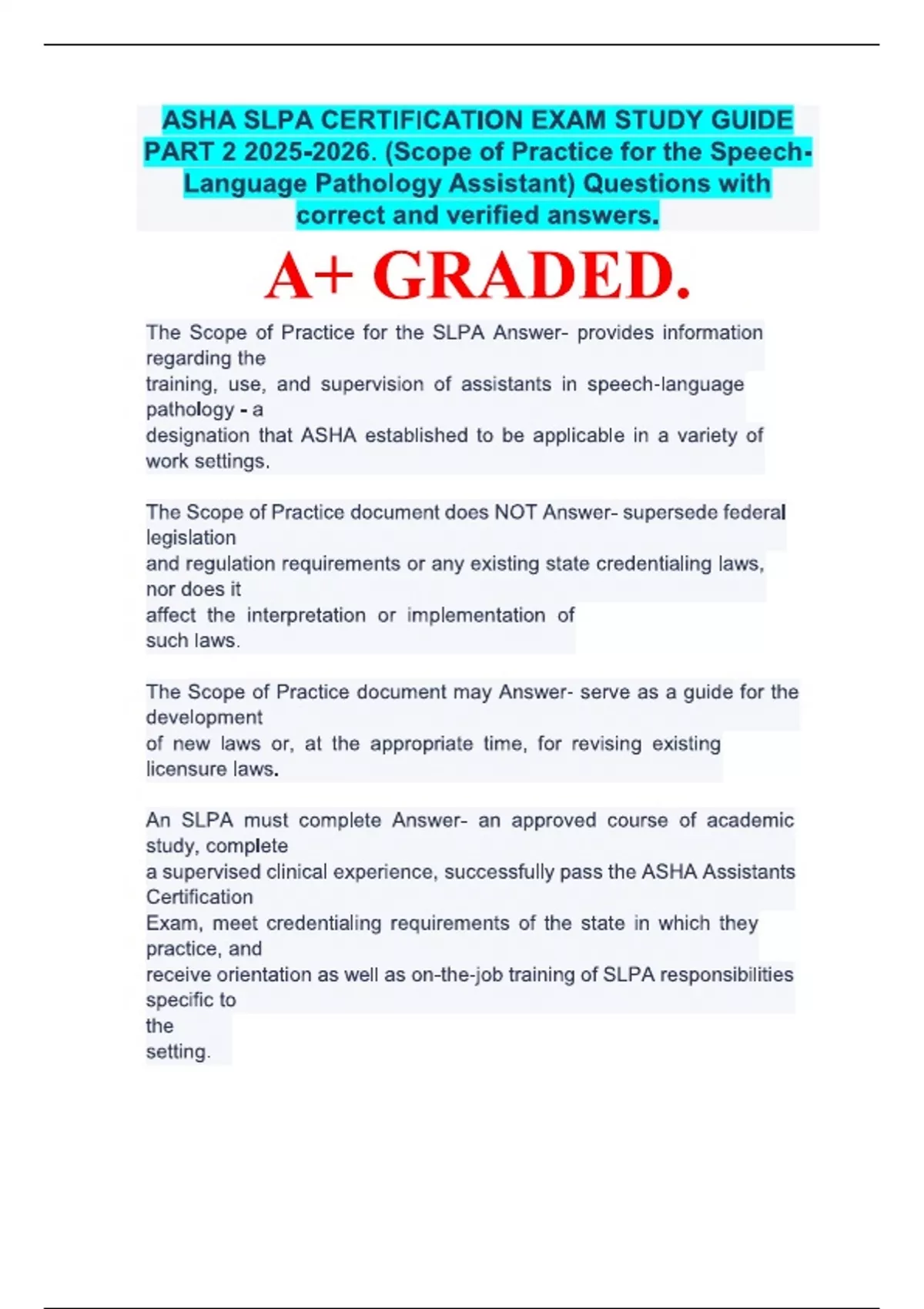 ASHA SLPA CERTIFICATION EXAM STUDY GUIDE PART . (Scope of Practice for ...