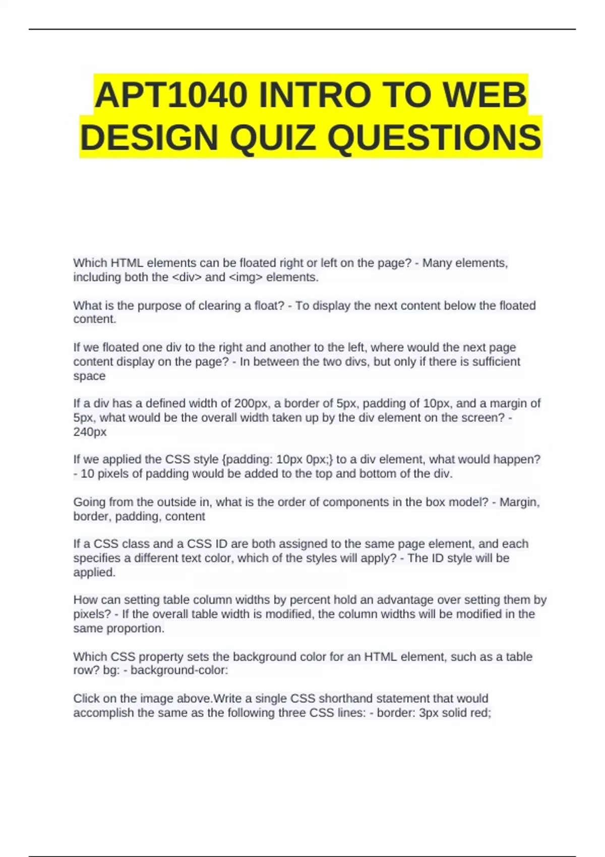 APT1040 INTRO TO WEB DESIGN QUIZ QUESTIONS WITH CORRECT ANSWERS; 100% ...