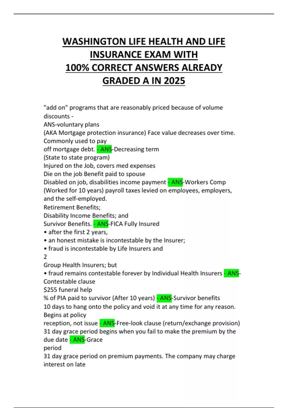 WASHINGTON LIFE HEALTH AND LIFE INSURANCE EXAM WITH 100% CORRECT ANSWERS ALREADY GRADED A IN ...