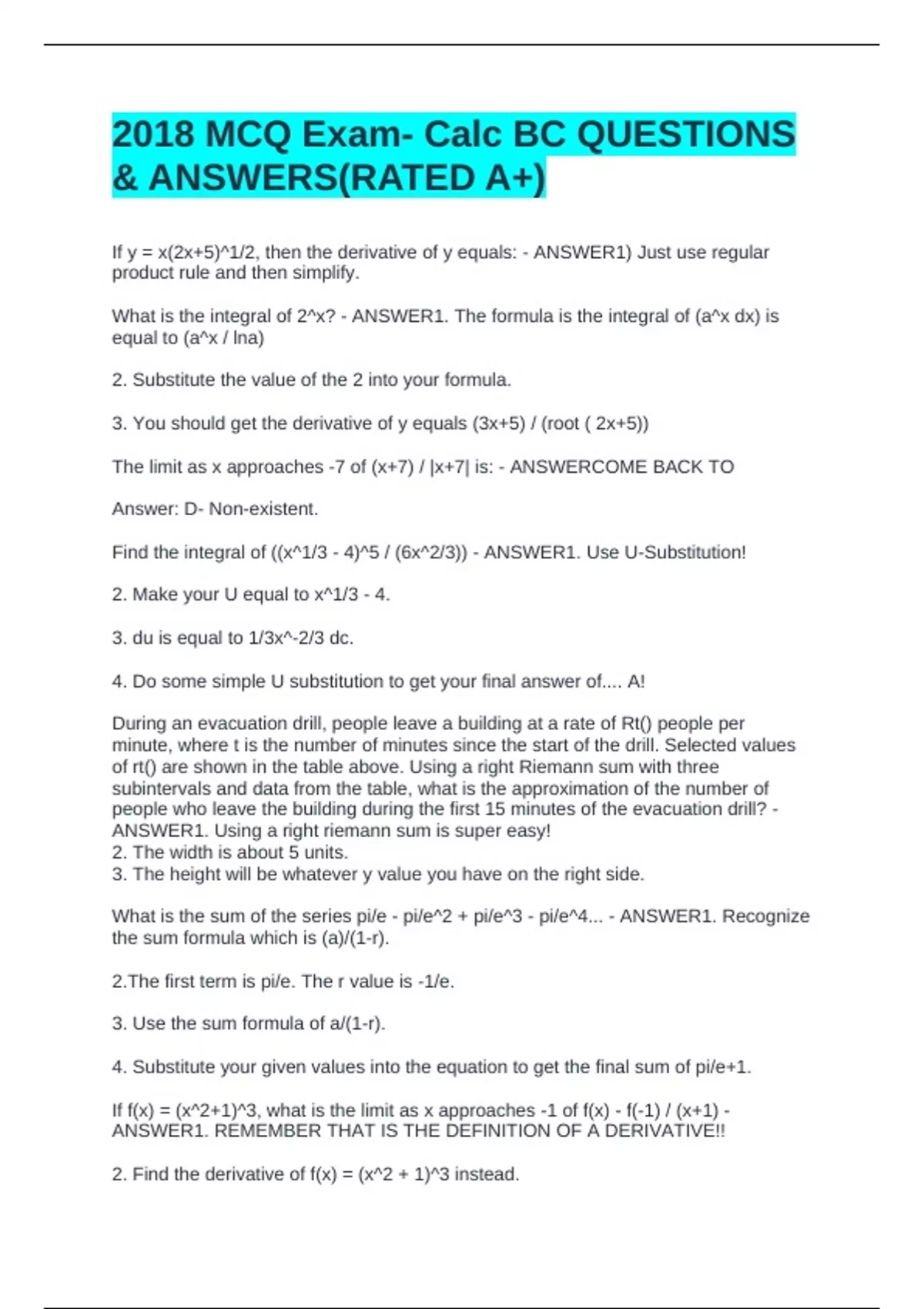 2018 MCQ Exam- Calc BC QUESTIONS & ANSWERS(RATED A+) - 2018 MCQ Calc BC ...