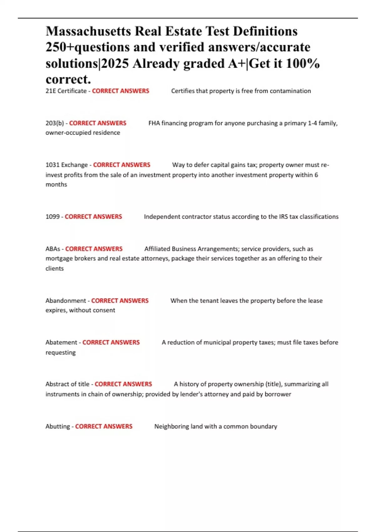 Massachusetts Real Estate Test Definitions 250+questions and verified